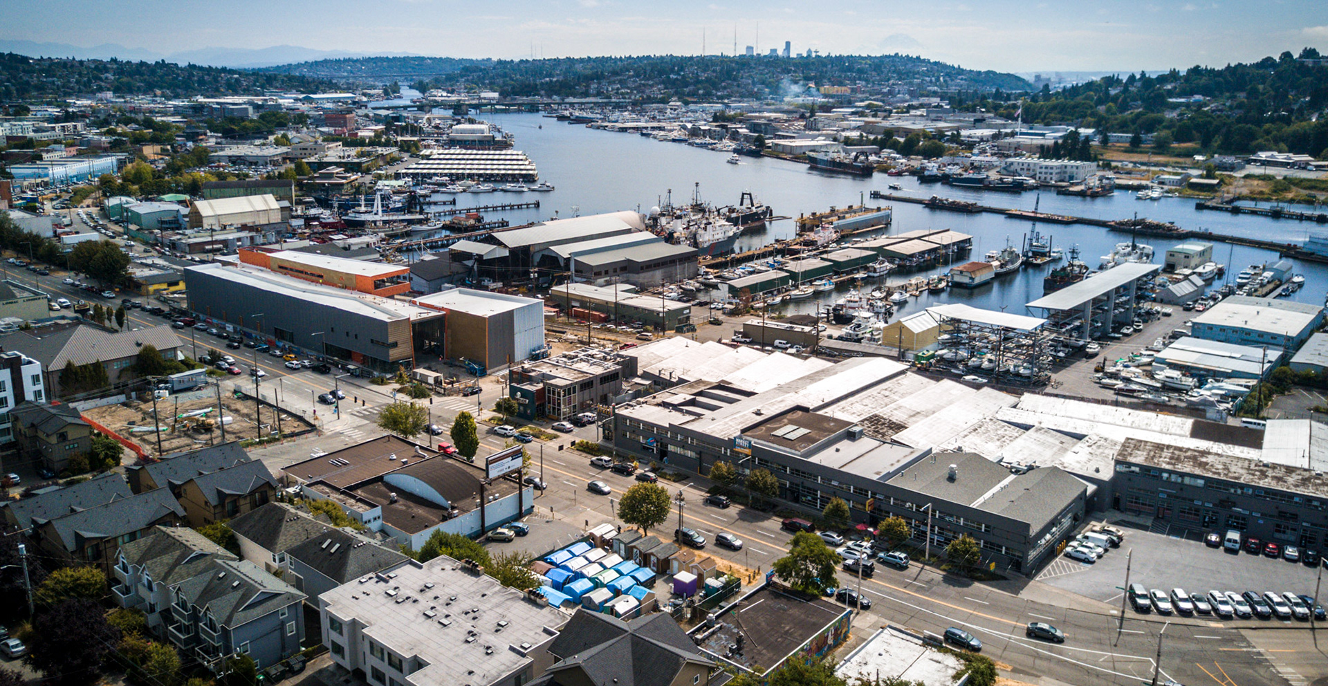 aerial view of a homeless camp in seattle