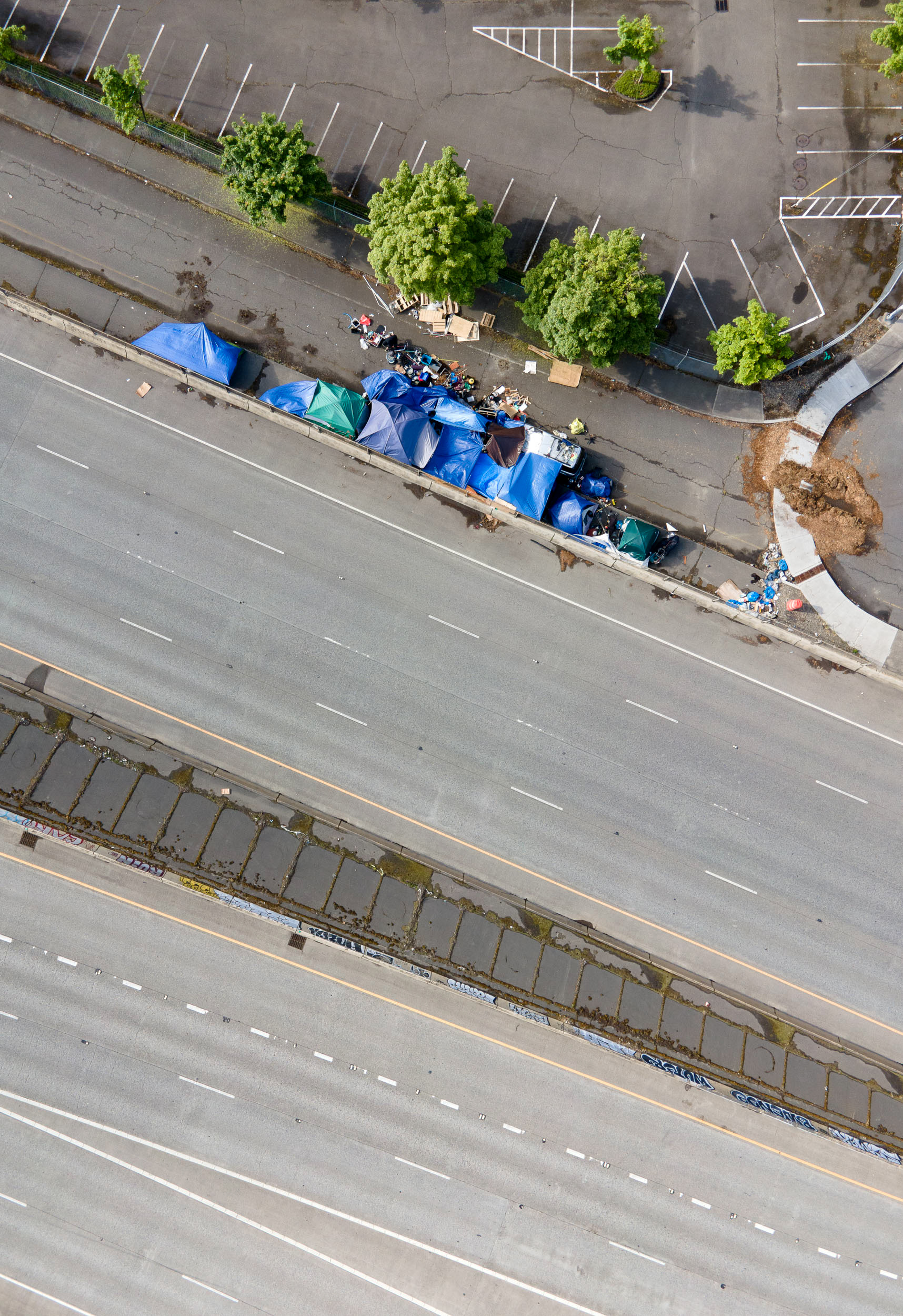 aerial view of a homeless camp in portland