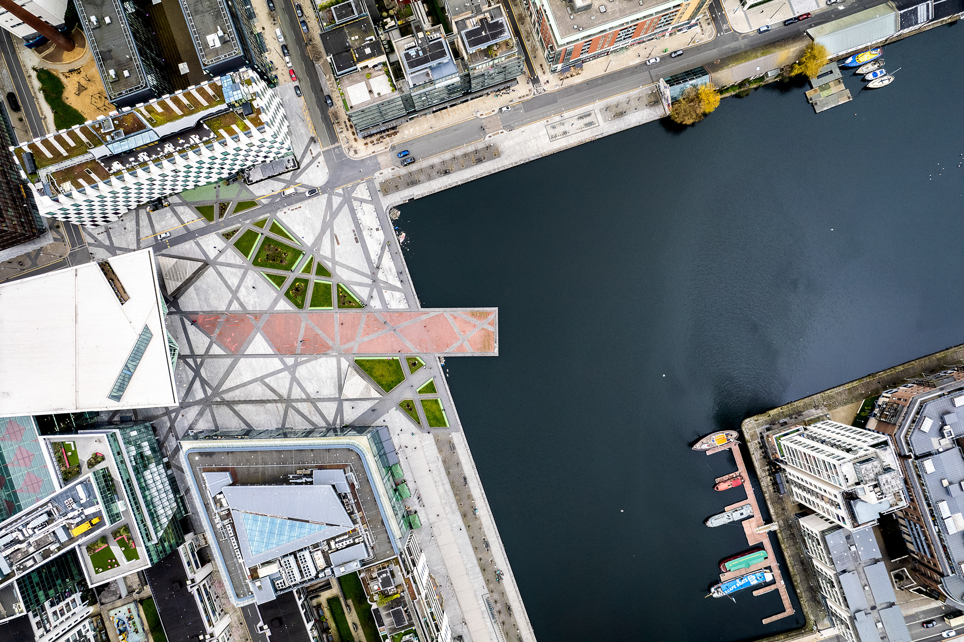 Aerial image of the central docklands in Dublin, Ireland
