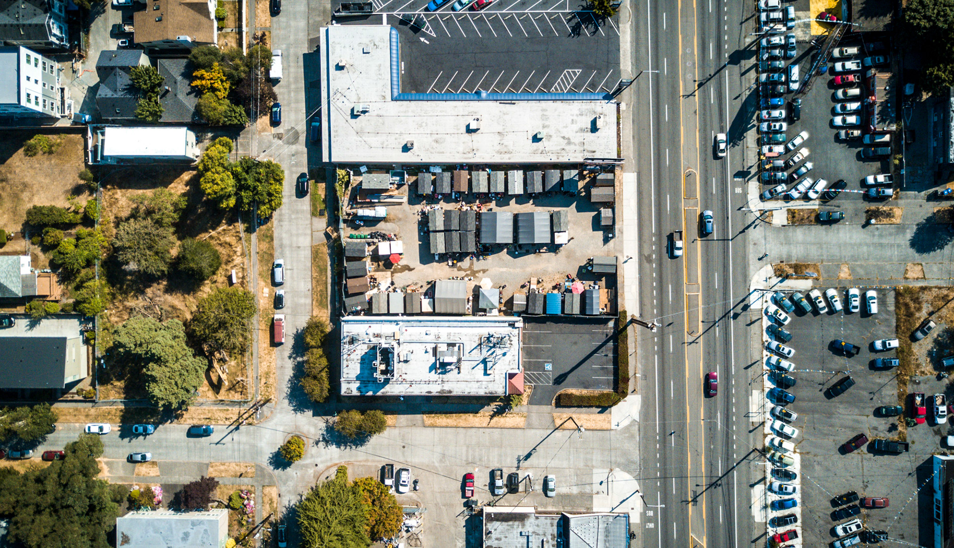 aerial view of a homeless camp in seattle