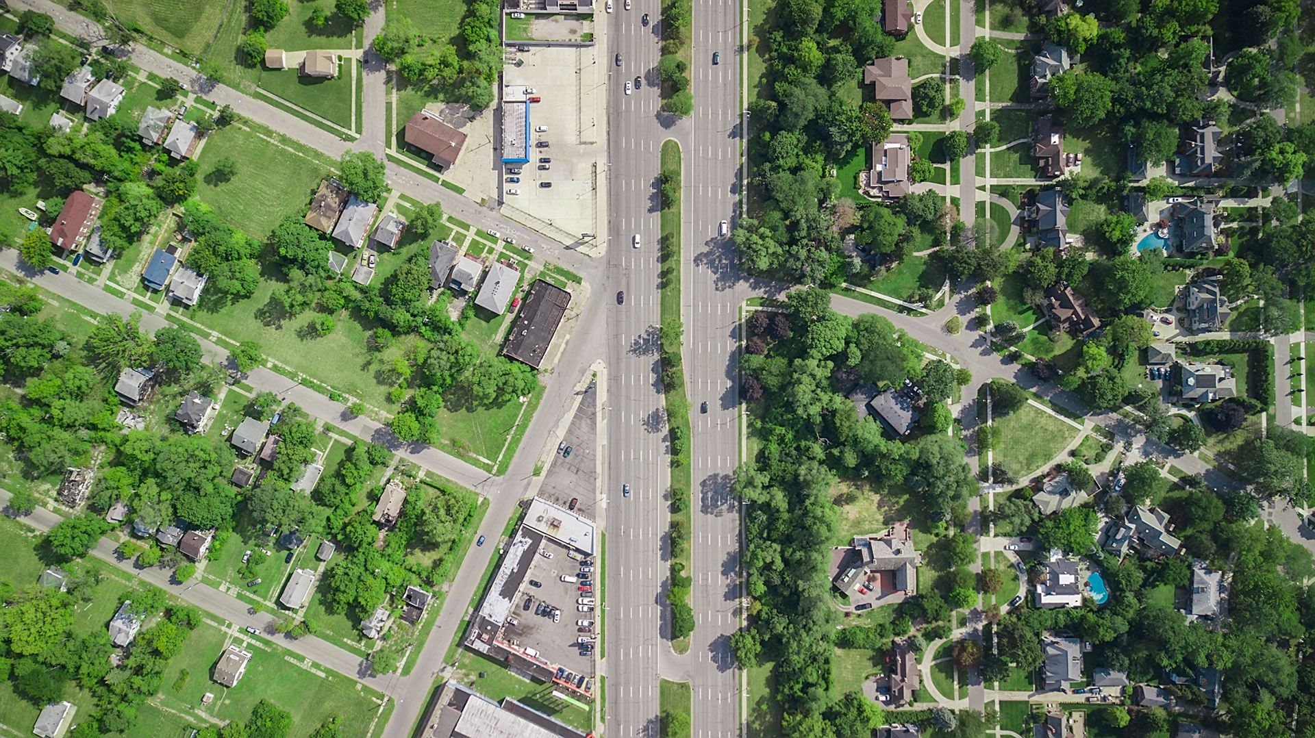 aerial view of a highway and neighborhoods in detroit