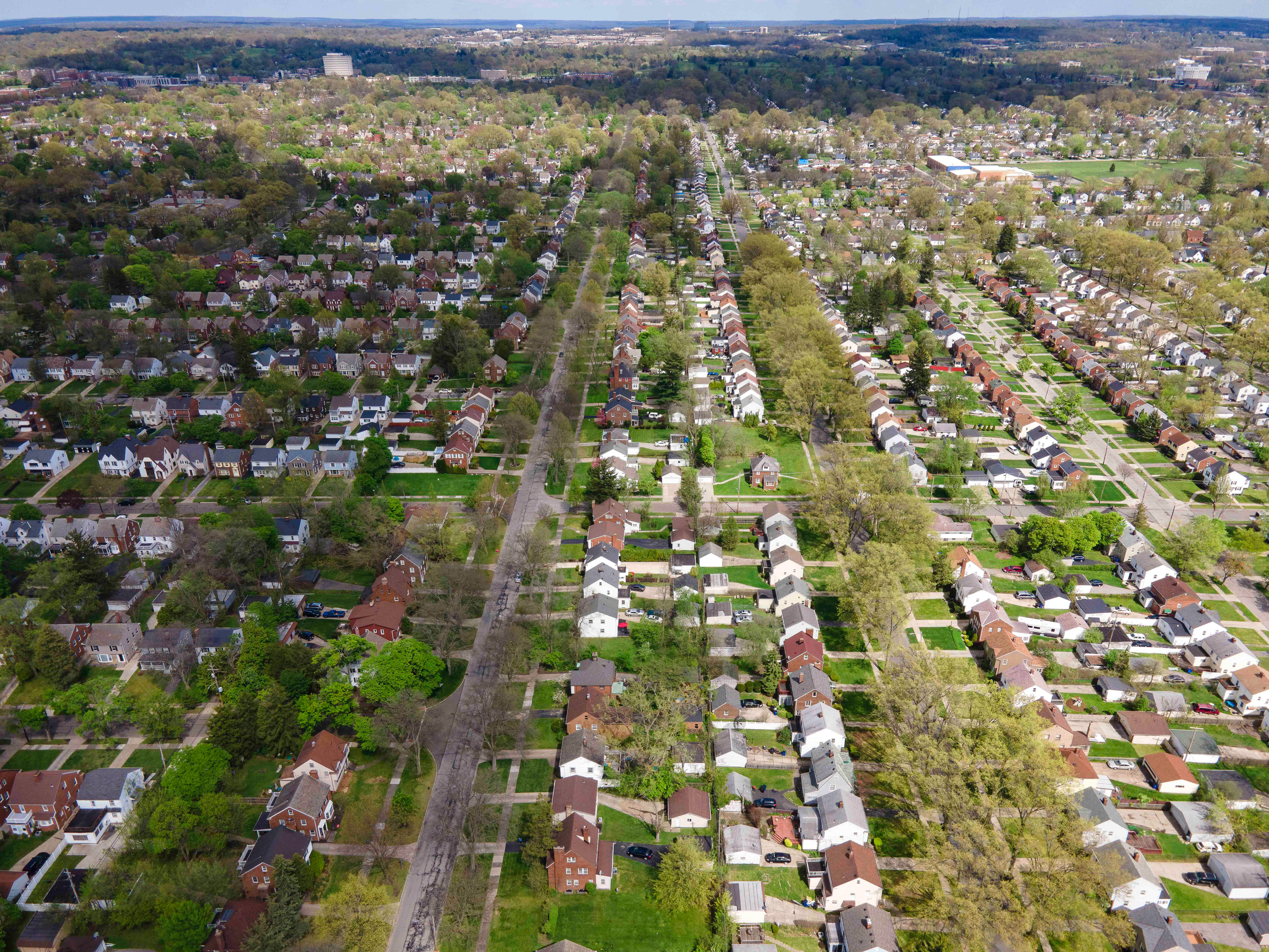aerial view of a blocked road in a cleveland neighborhood