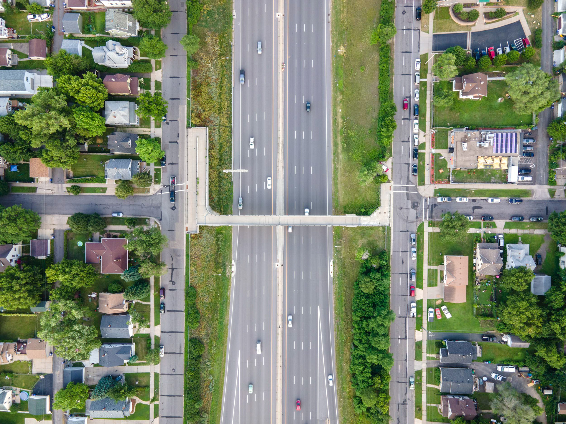 aerial view of highways and homes in minneapolis