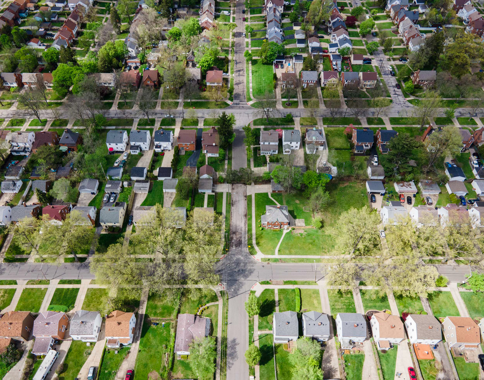aerial view of a blocked road in a cleveland neighborhood