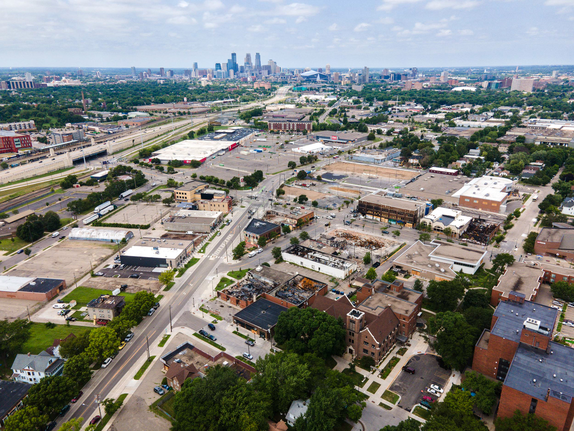 aerial view of looted buildings in minneapolis