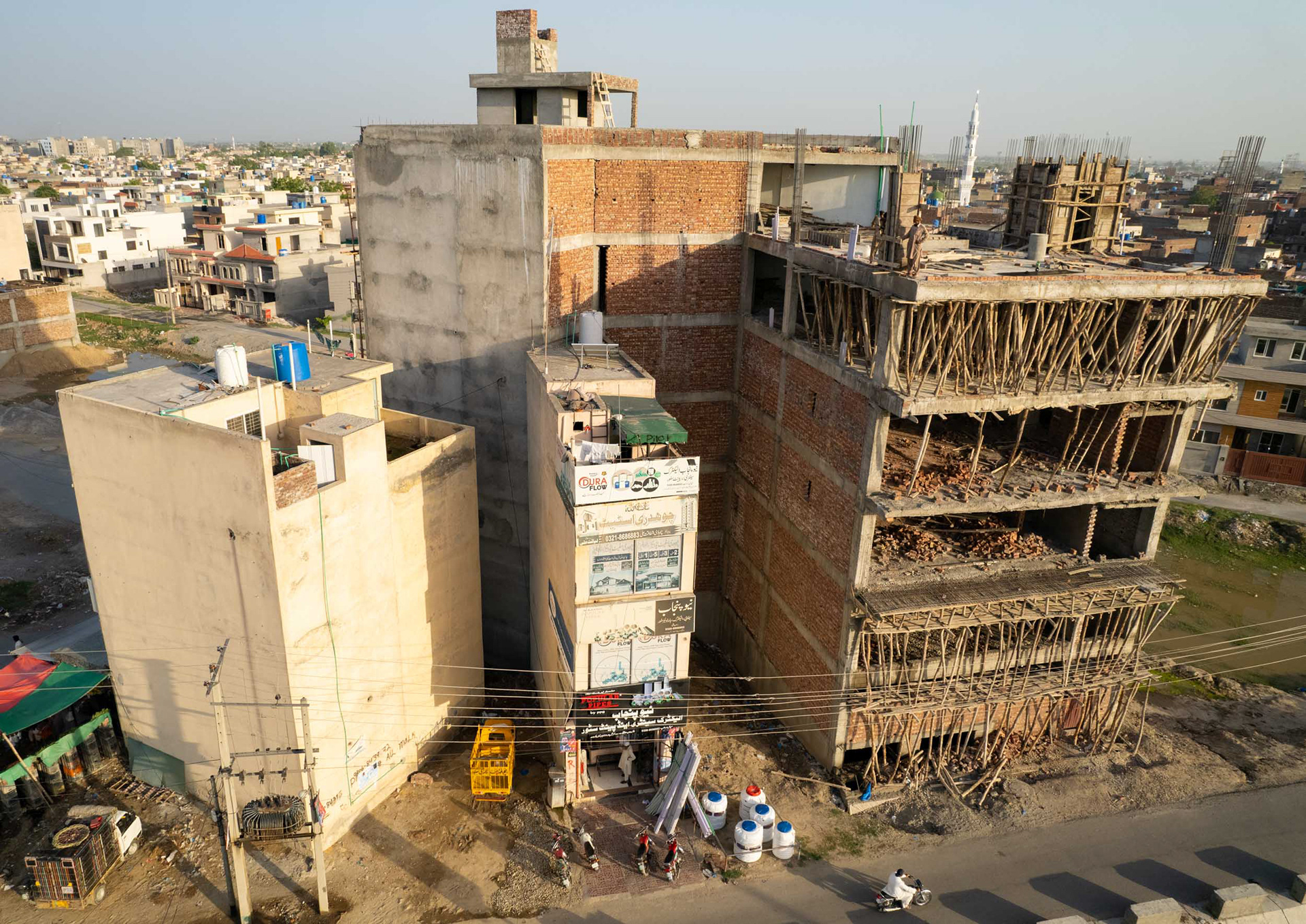 A drone view of a construction site.