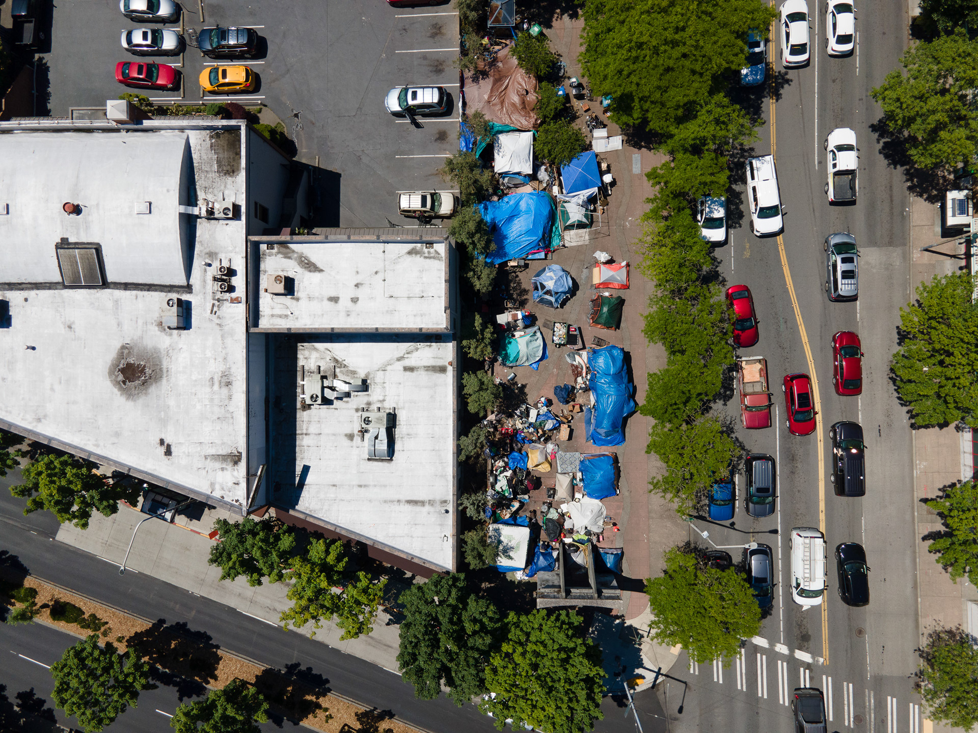 aerial view of a homeless camp in seattle