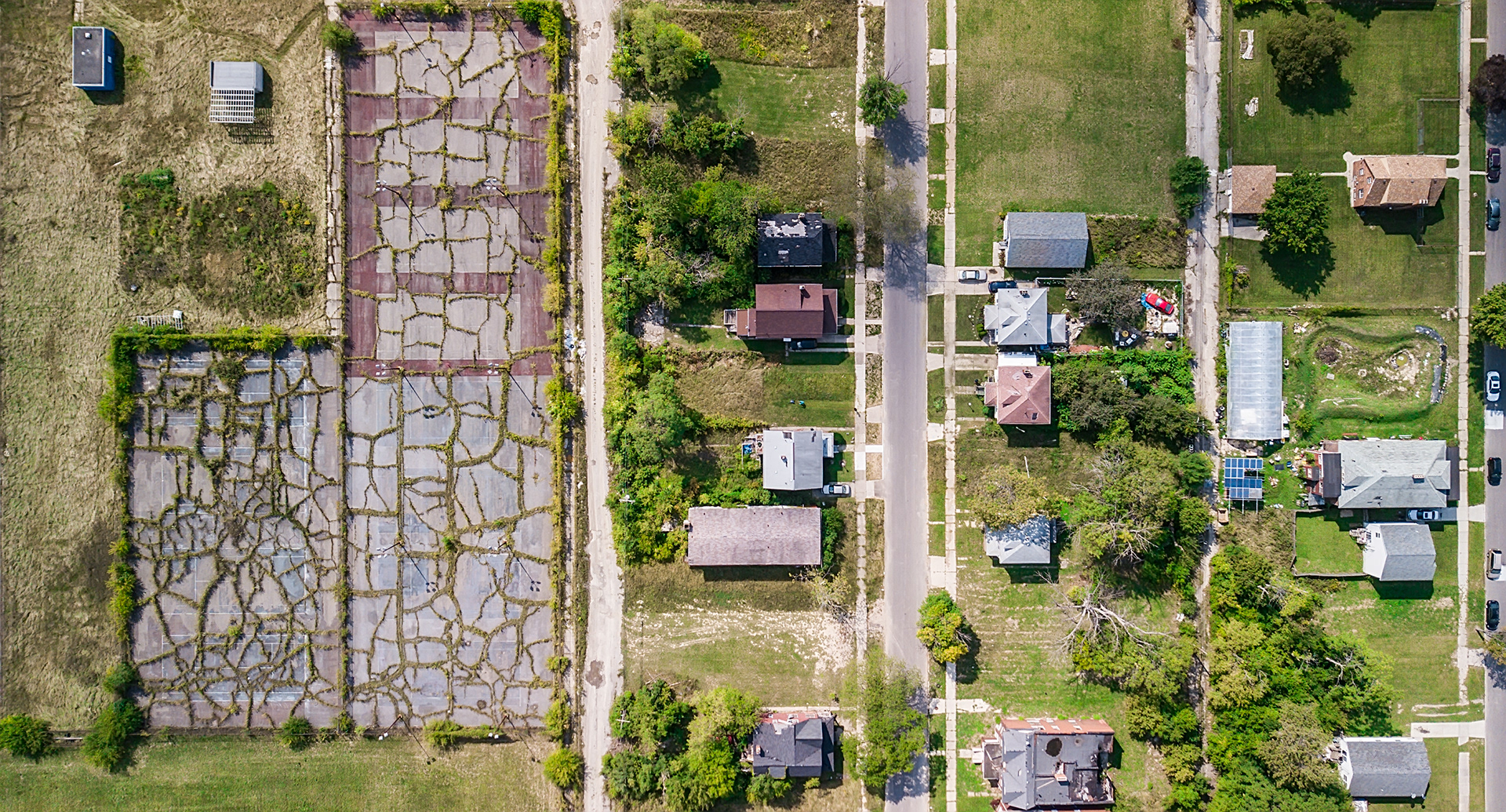 aerial image of detroit streets with abandoned buildings