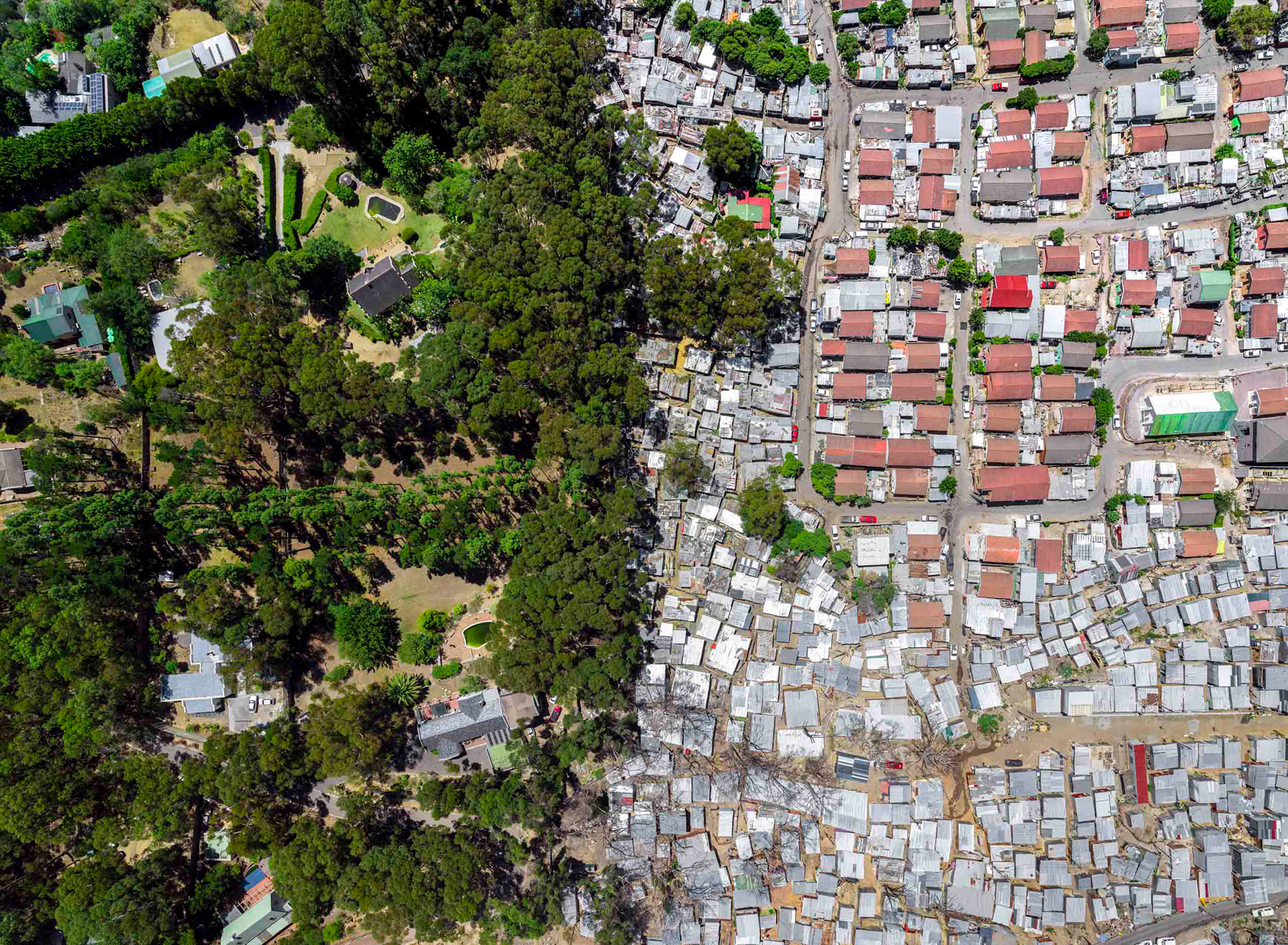 drone view of wealthy and slums in cape town south africa