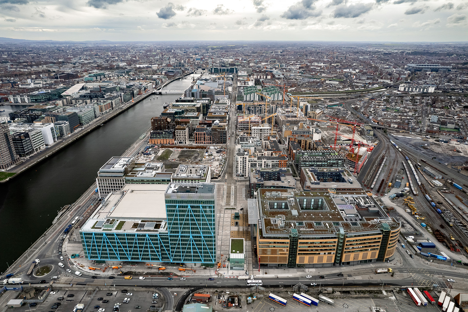 Drone image of central Dublin, ireland