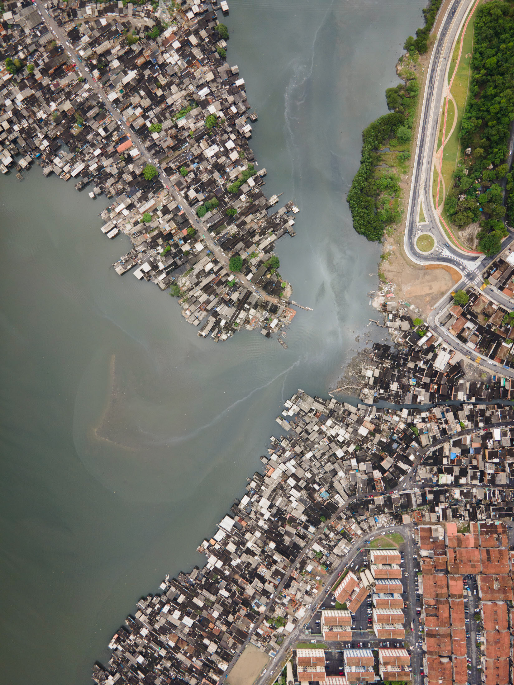 Dense floating favelas near Sao Paulo, Brazil.