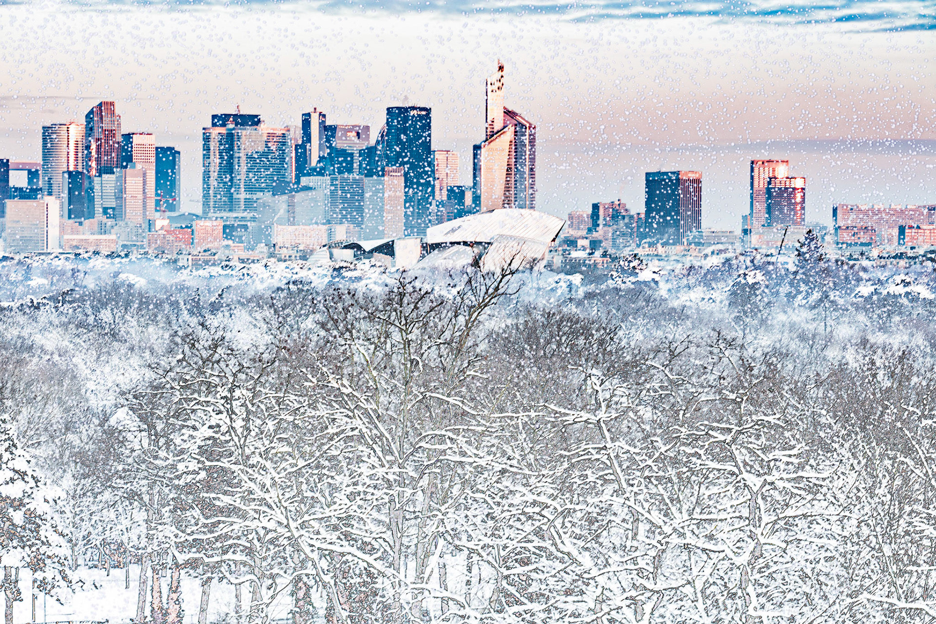 snow in Paris-La  Défense. Trees and  Bois  de Boulogne in the foreground  leads to pastel colored skyscraperrs in the background. A pastel cityscape.