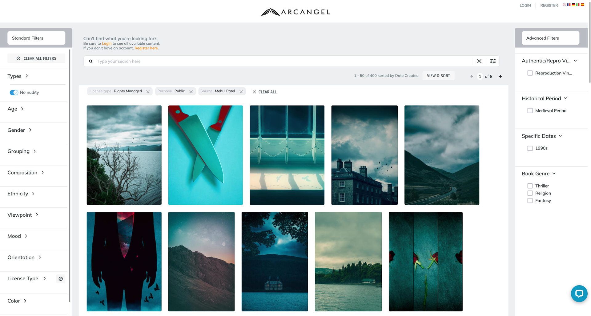 Screenshot of images belonging to photographer Mehul Patel available to license from Arcangel Images