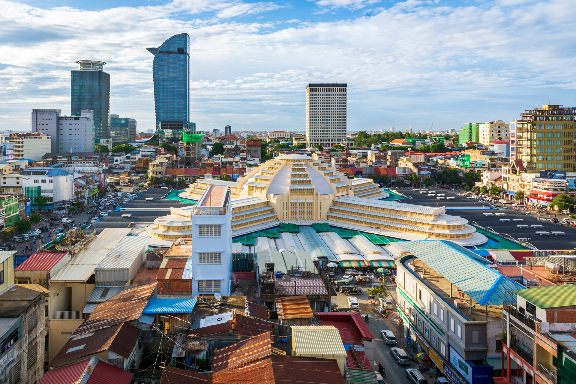 Overlooking the Central Market and city skyline of Phnom Penh Cambodia