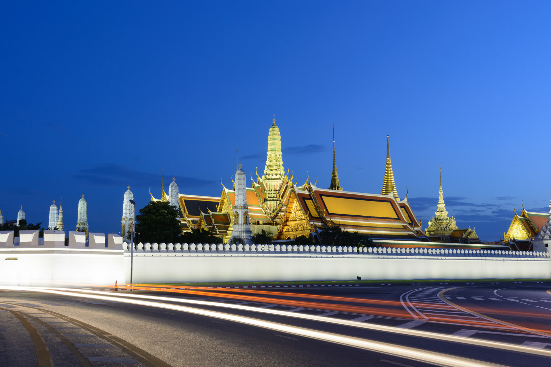 Light trails outside the Grand Palace in Bangkok Thailand