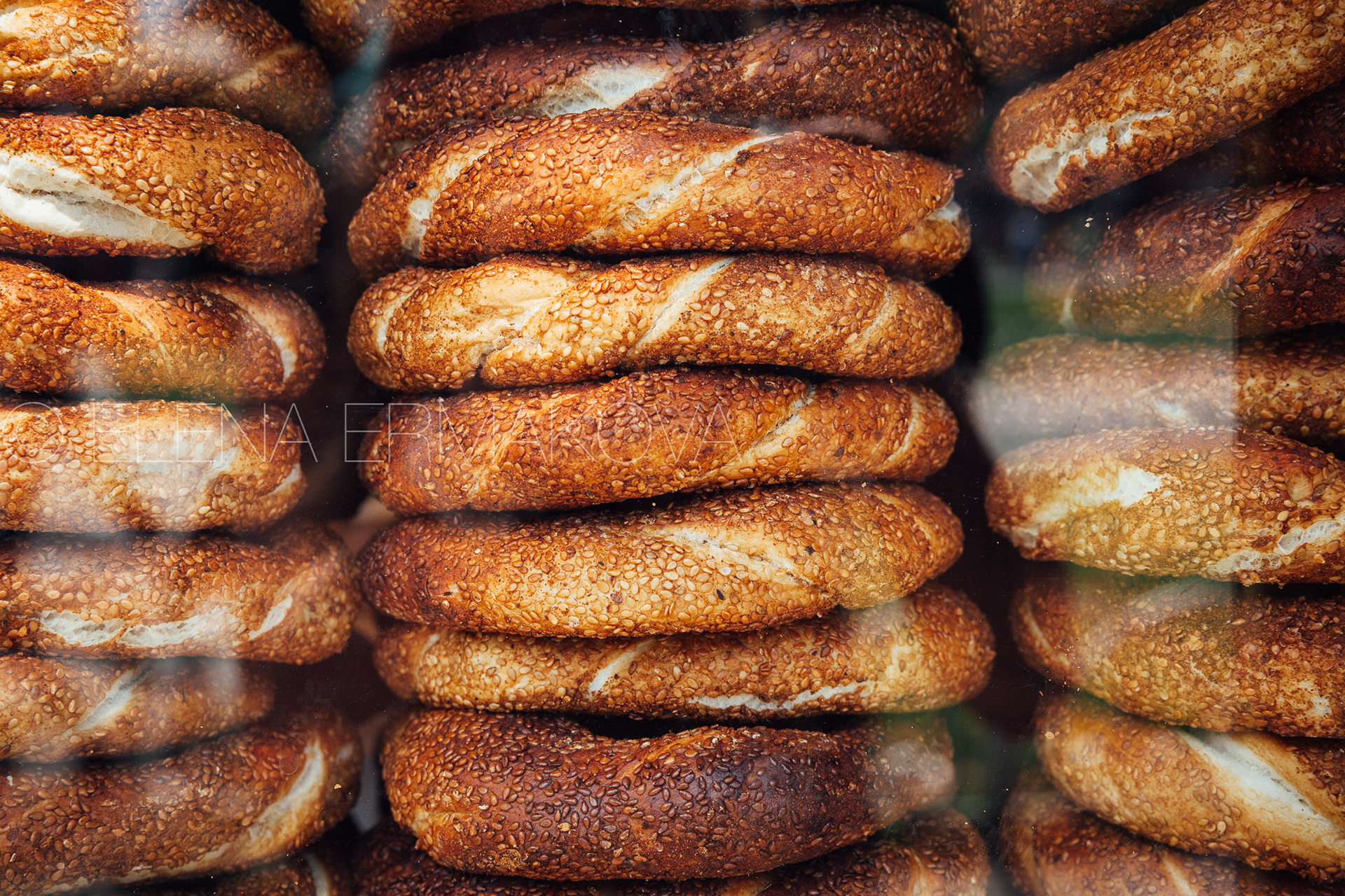 Stacks of simit bread at a street stall in Istanbul, Turkey