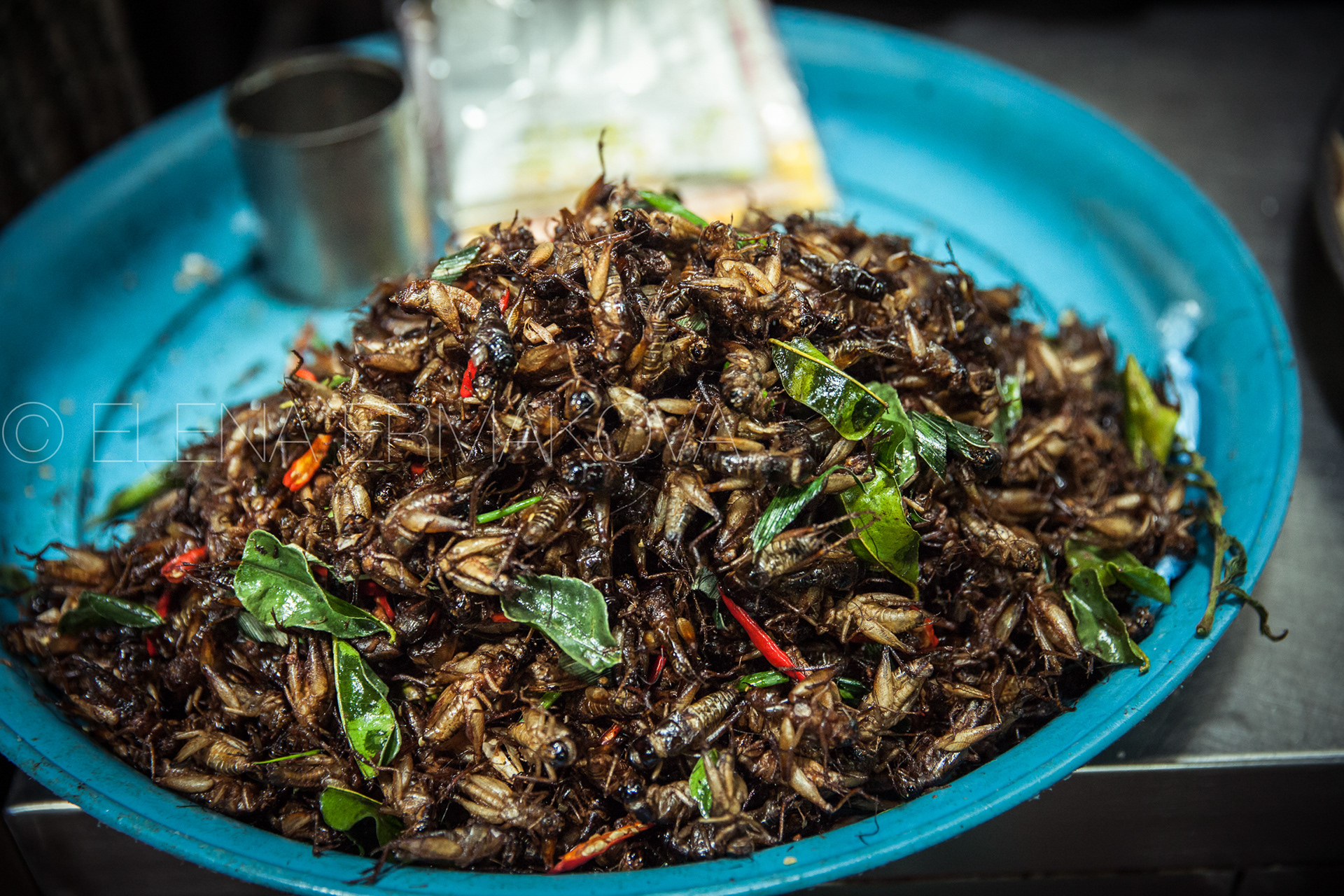 Spicy salad made with grasshoppers at the market, Siem Reap, Cambodia. Travel photography by Elena Ermakova.