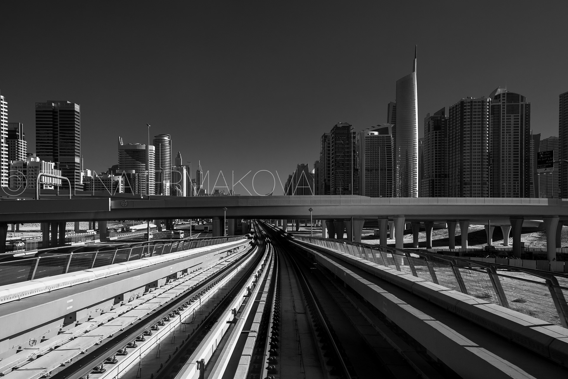 View of the Dubai skyline from the  Dubai metro, UAE