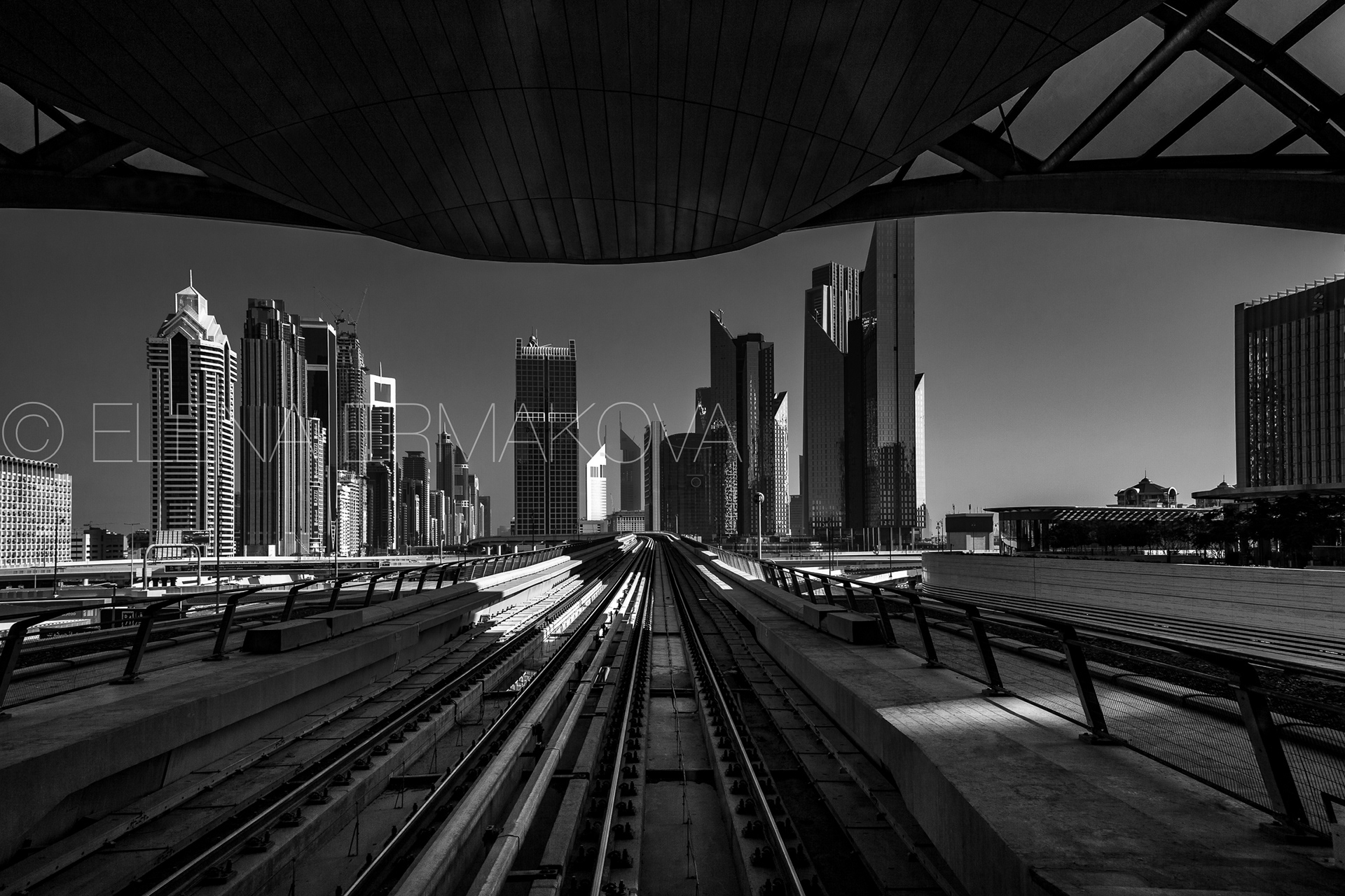 View of the Dubai skyline from the  Dubai metro, UAE