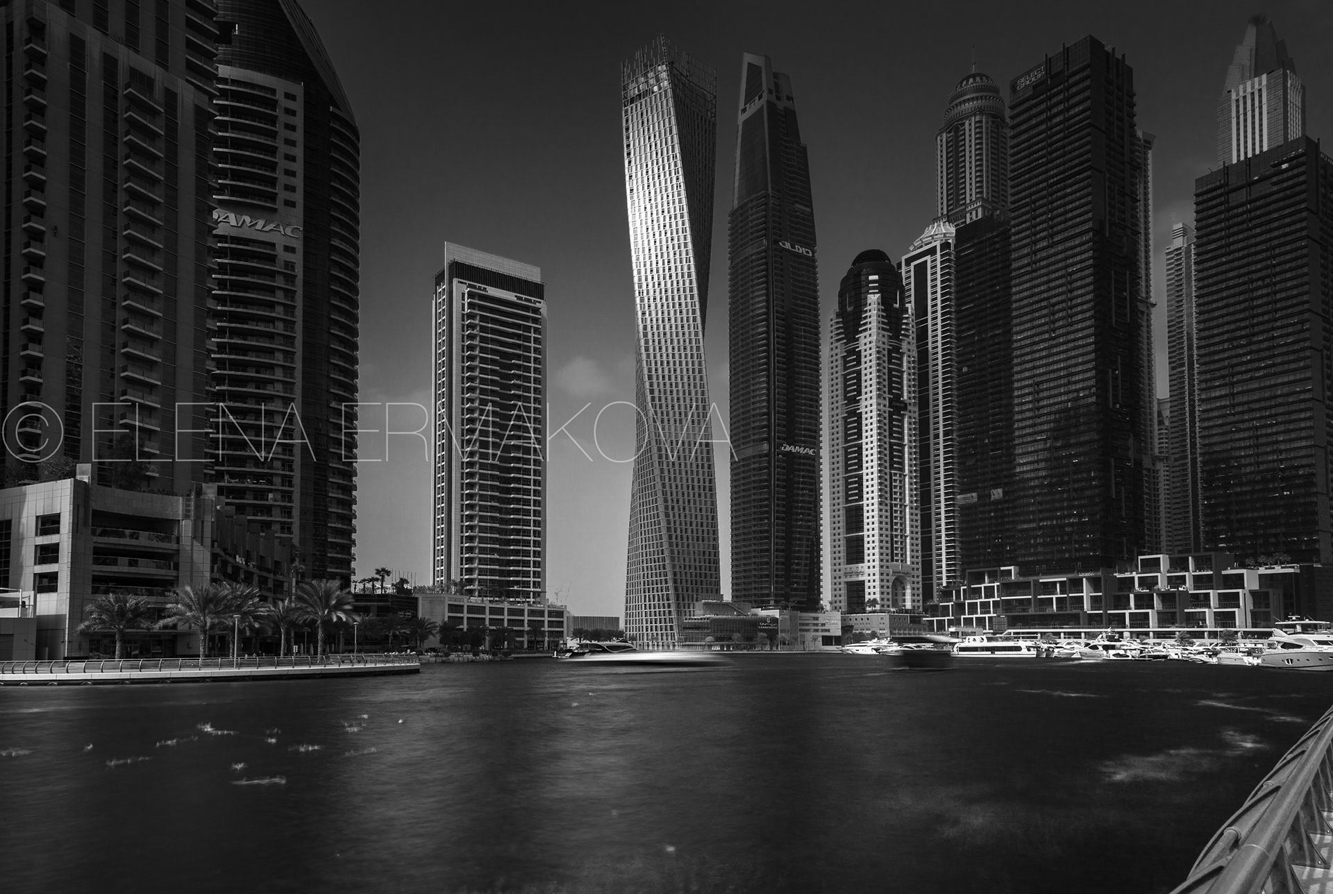 View of the skyscrapers of the Dubai Marina in monochrome, UAE