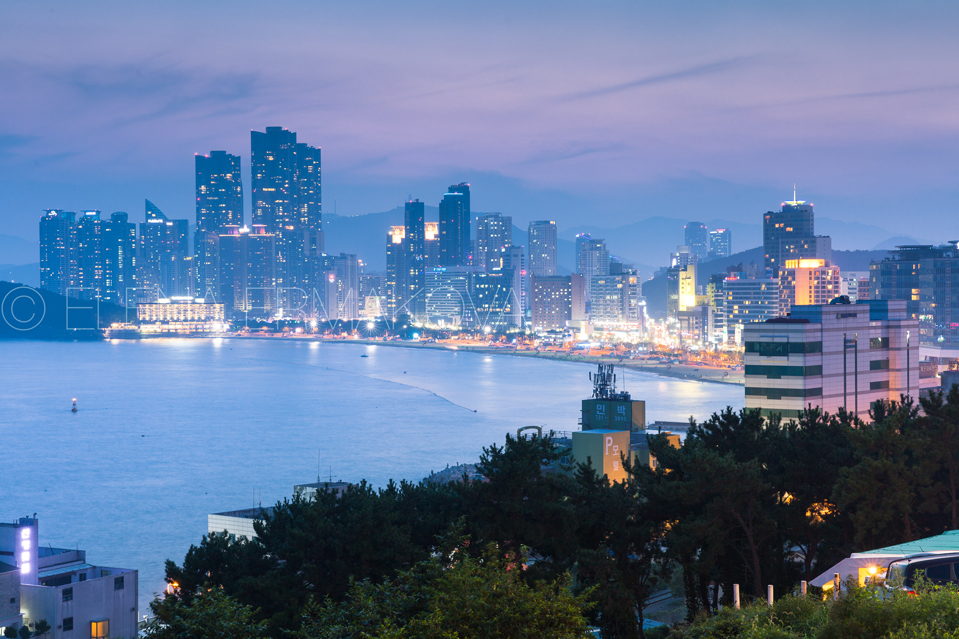 Haeundae beach at dusk, Busan, South Korea.