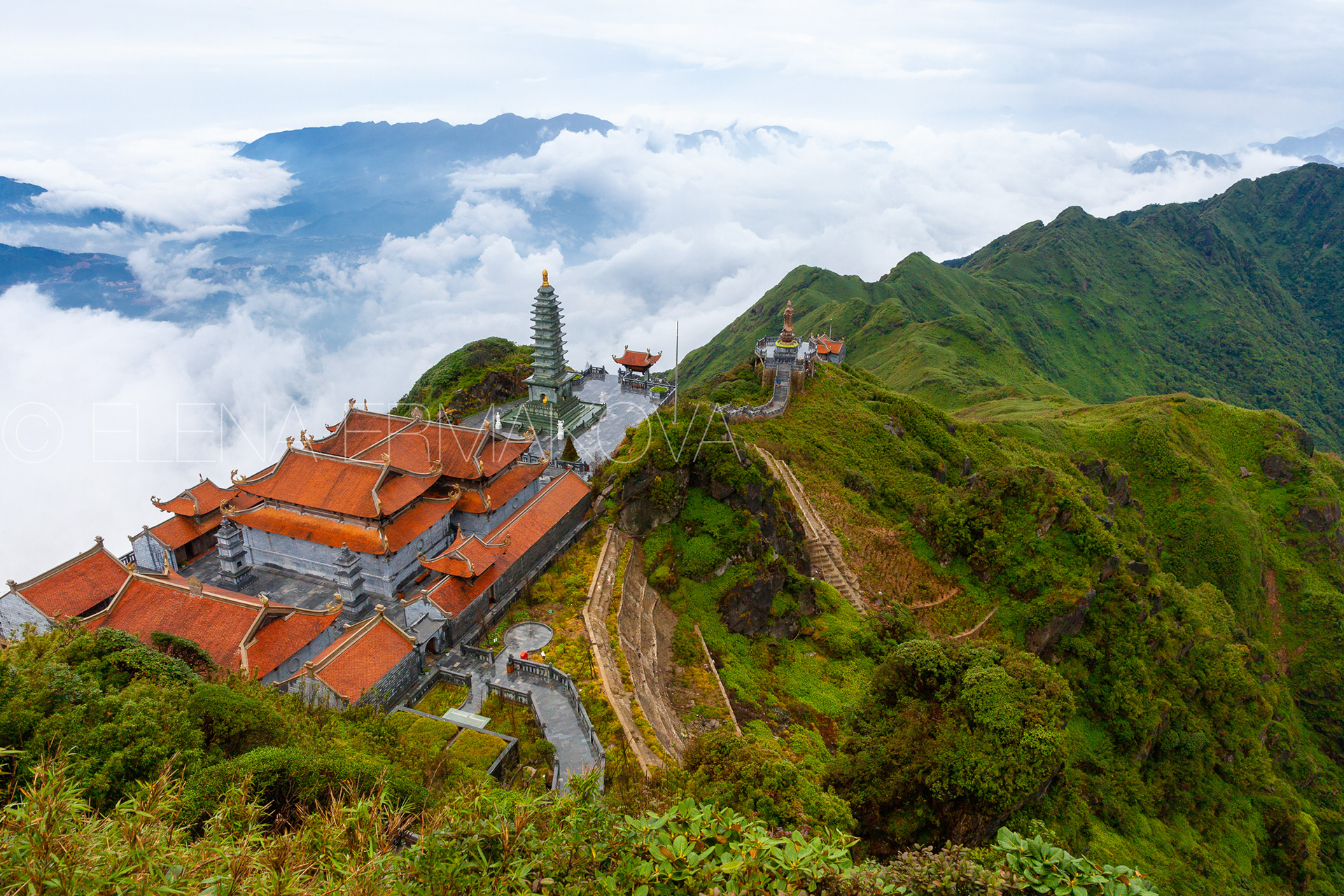 View of Buddhist the temple from the Fansipan peak, Sapa, Vietnam