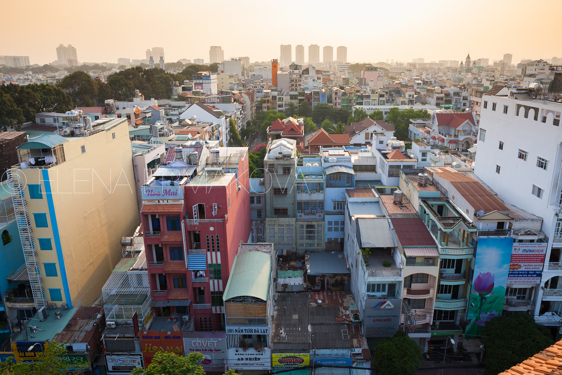 Sunset view of the city skyline from Viet Nam Quoc Tu Pagoda in Ho Chi Minh City, Vietnam