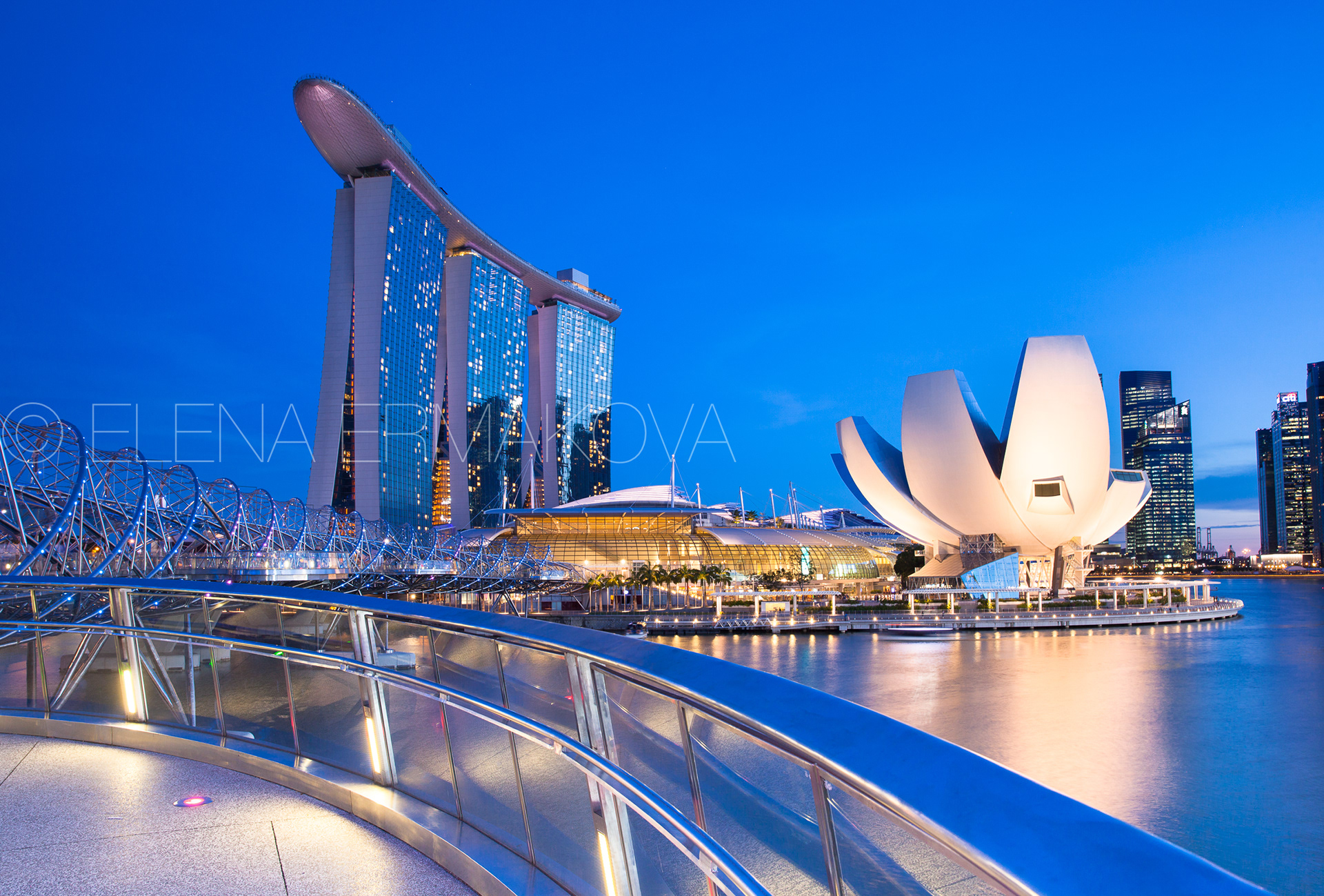 Marina Bay area at dusk, Singapore. Travel photography by Elena Ermakova.