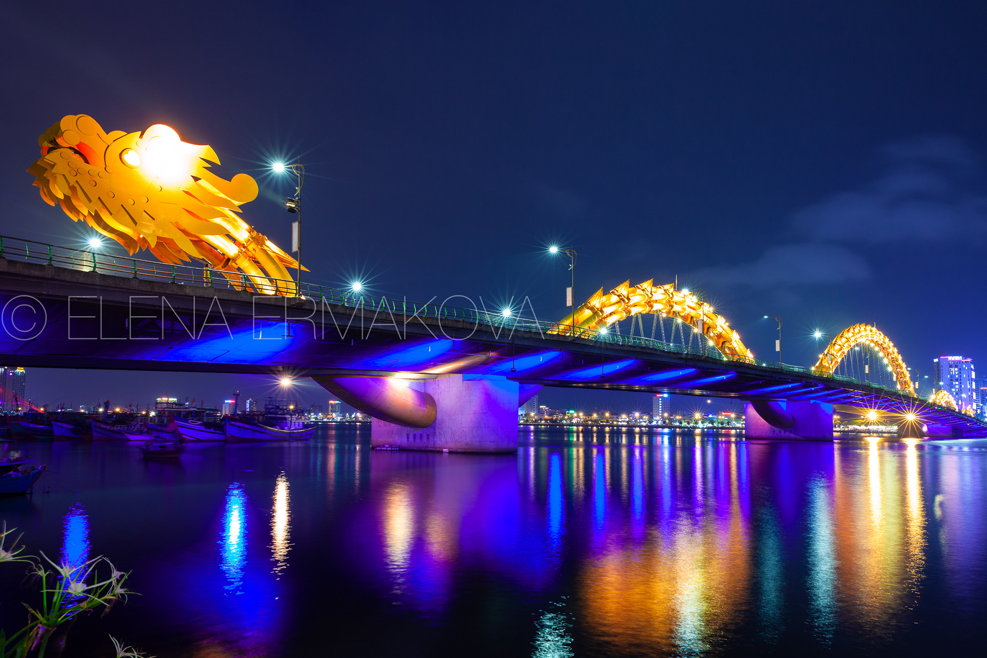 Night view of the famous Dragon Bridge, Danang, Vietnam