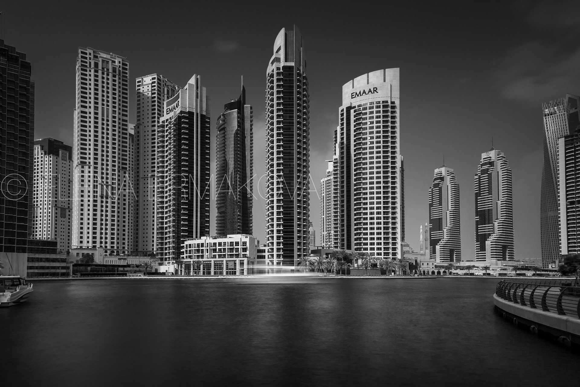View of the skyscrapers of the Dubai Marina in monochrome, UAE