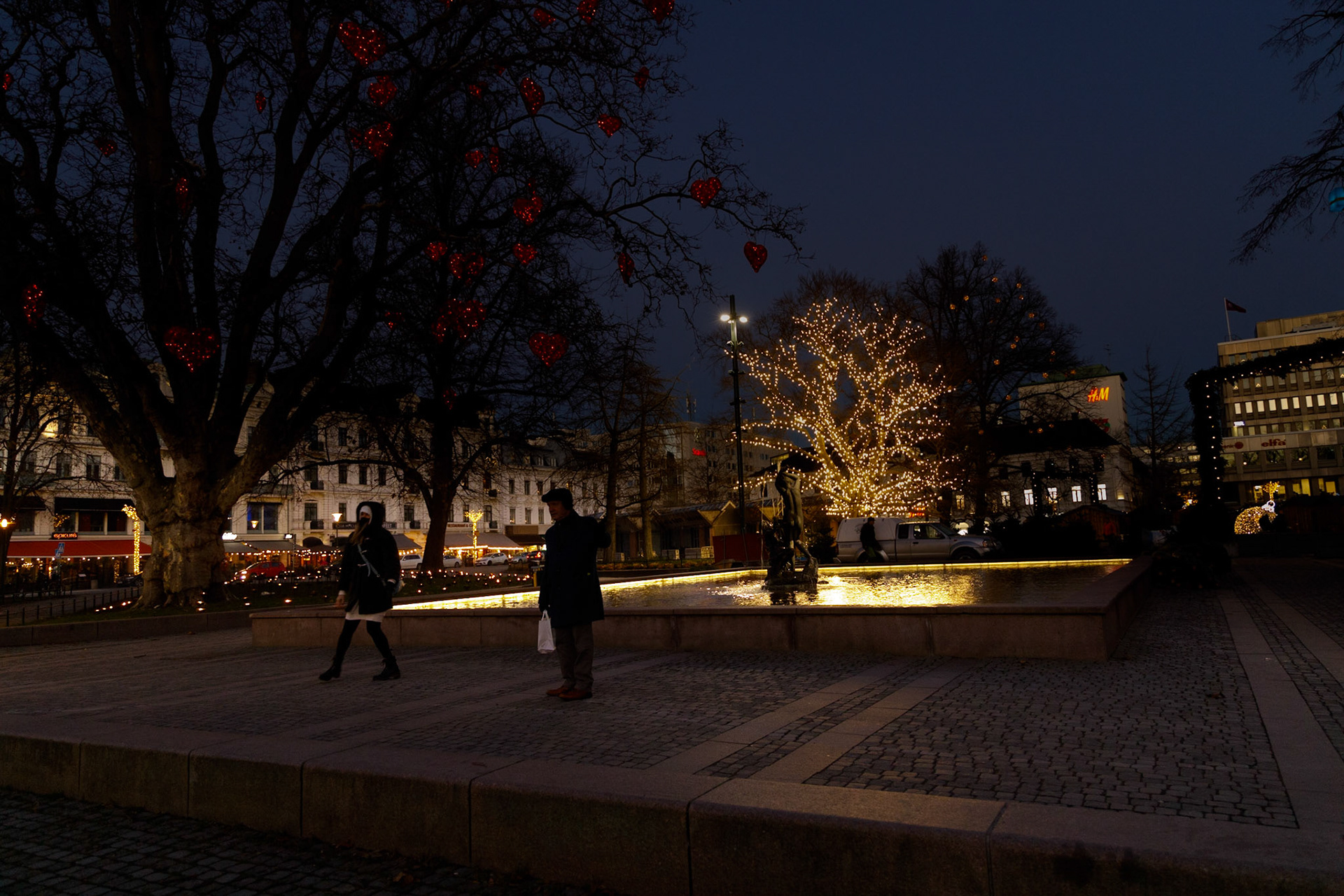 Gustav Adolfs torg upplyst inför julen. Gustav Adolfs torg har länge varit en central plats i Malmö, speciellt som en knytpunkt för kollektivtrafiken. Torgets placering mitt i gågatan mellan Stortorget och Triangelen gör det  till en central plats för många som rör sig i stan. Det vita huset i mitten av bilden är idag en affär för en internationell klädkedja. Tidigare var det det en lite finare klädarffär, BeKå, som låg där. Huset byggdes 1809 och i den norra sidan, längst till vänster skymd av trädet, finns Malmös första teater som låg där mellan 1809 och 1938.