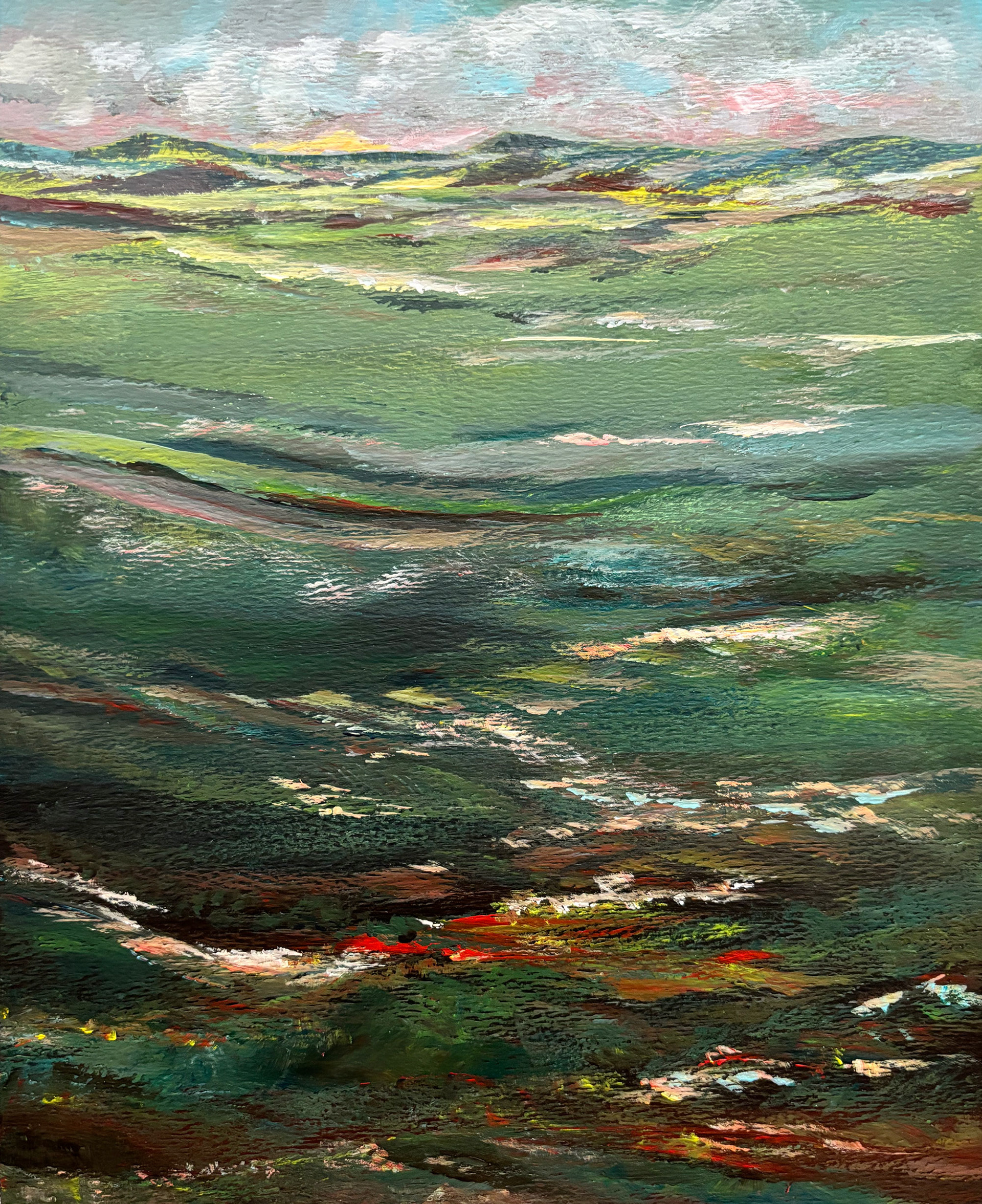 Countryside Evening, acrylic painting on paper, 8”x10”