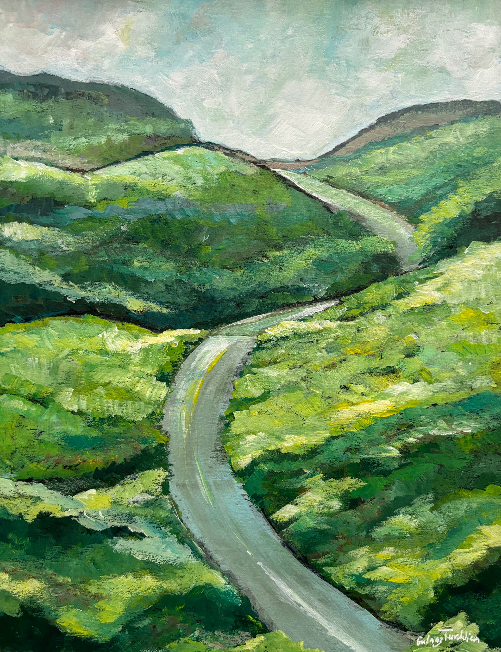 Green Hills, acrylic painting on paper, 8”x10”,