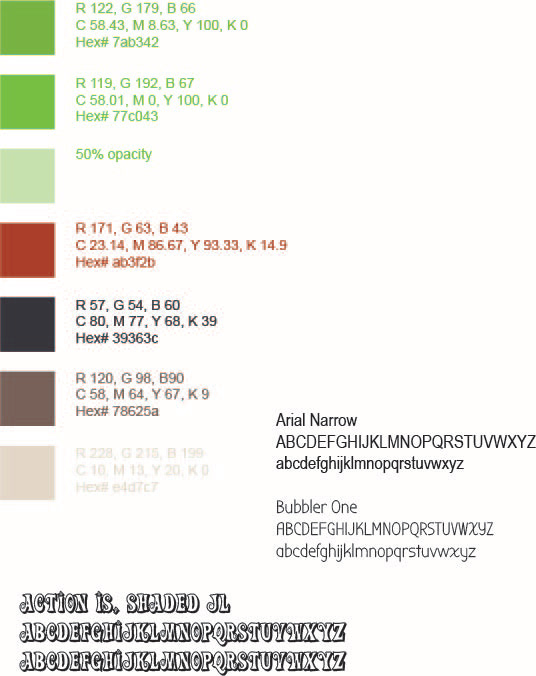 Color palette and fonts chosen for the project.