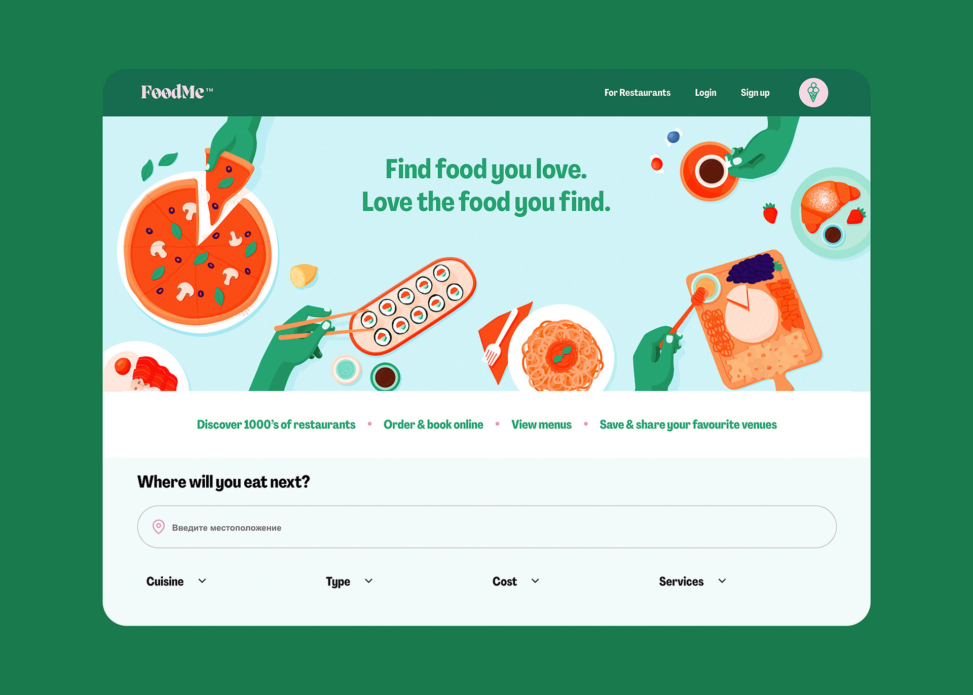 Colorful hero and header illustration on website for a food delivery service. Colorful and bright illustrations of different cuisines like pizza, pasta, sushi, english breakfast, croissant, cheese plate. Interesting colored character hands.