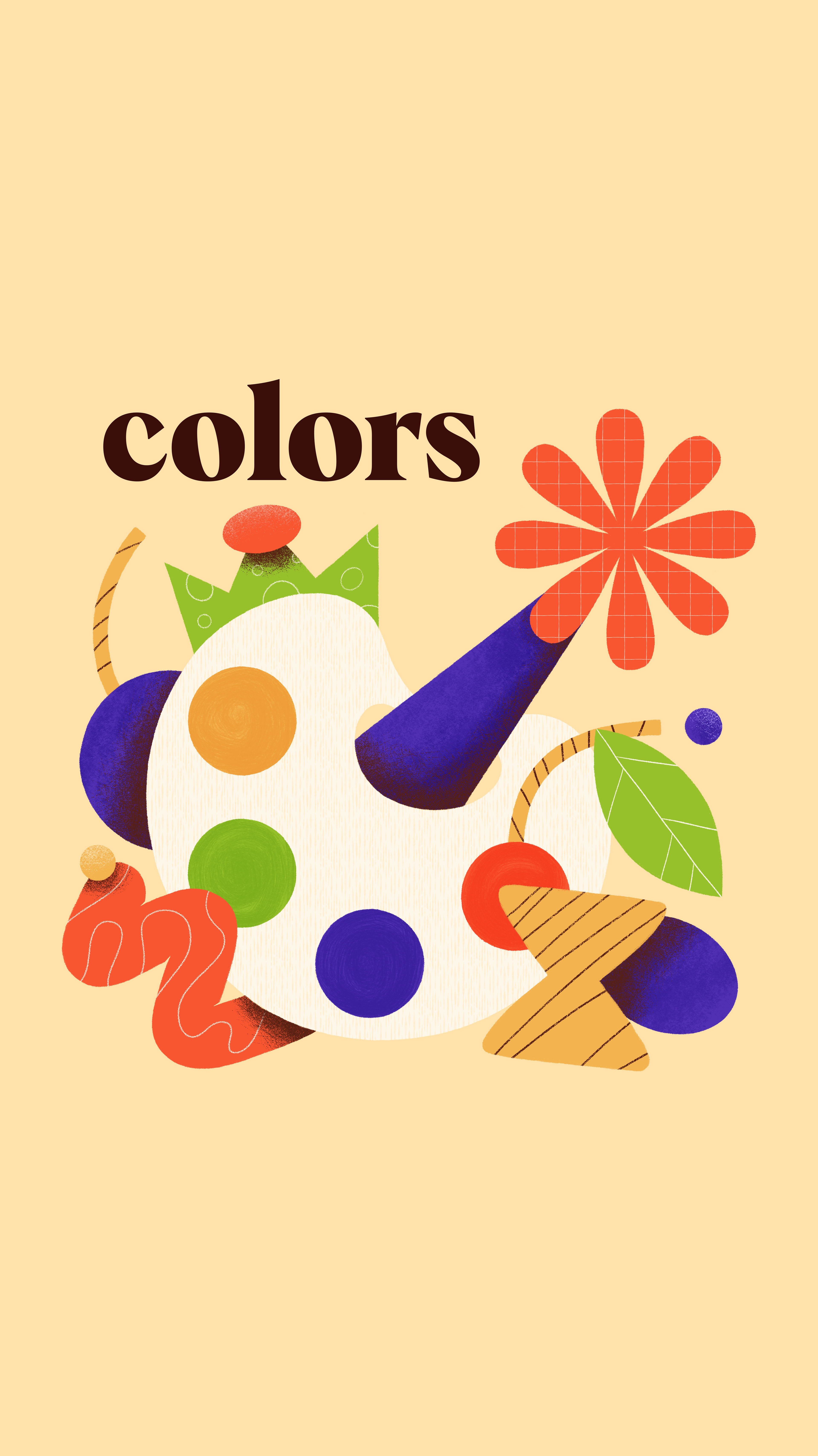 Colorful illustration showing a color palette, a flower, and abstract shapes. Beautifully textured.