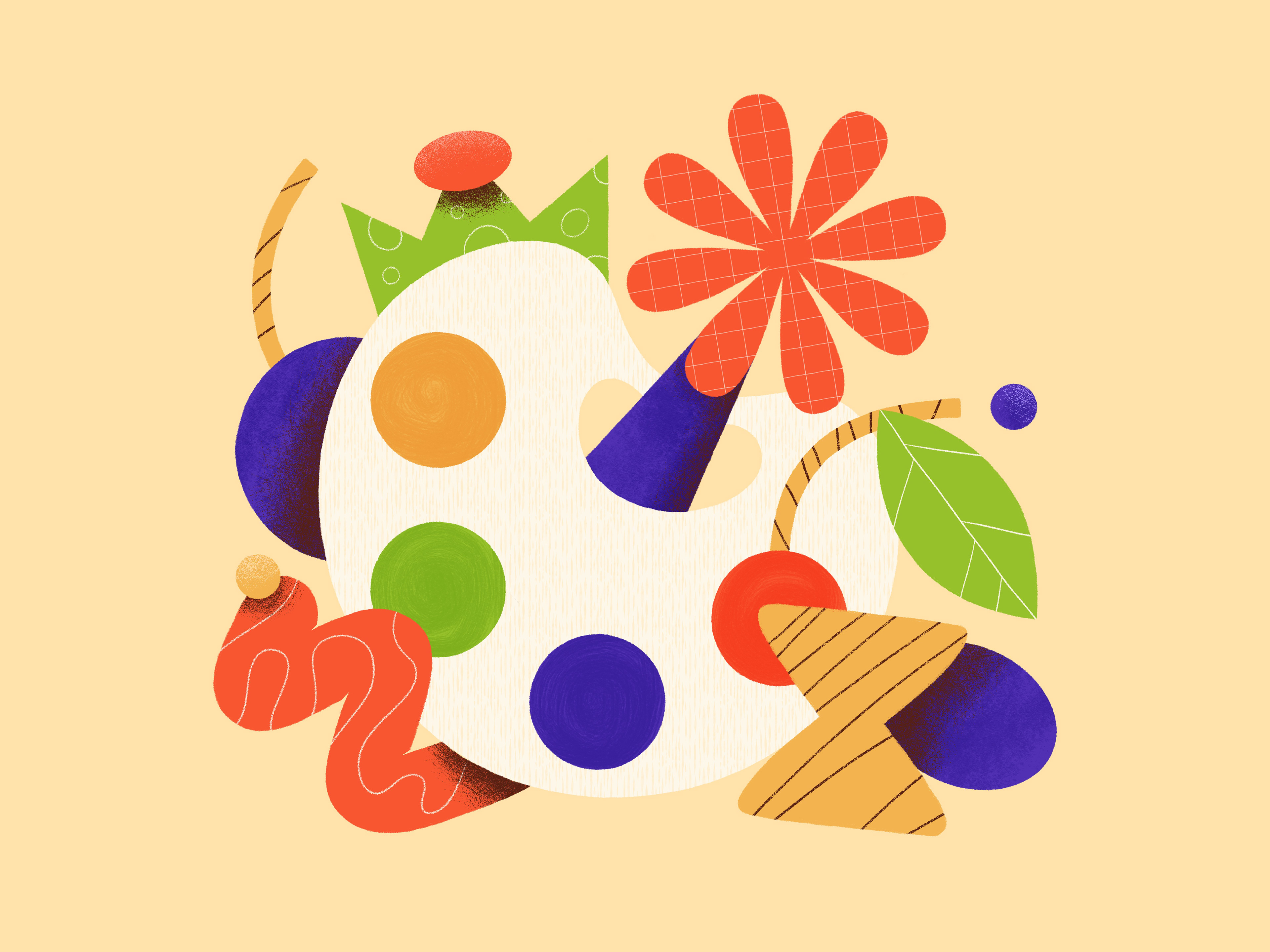 Colorful illustration showing a color palette, a flower, and abstract shapes. Beautifully textured.