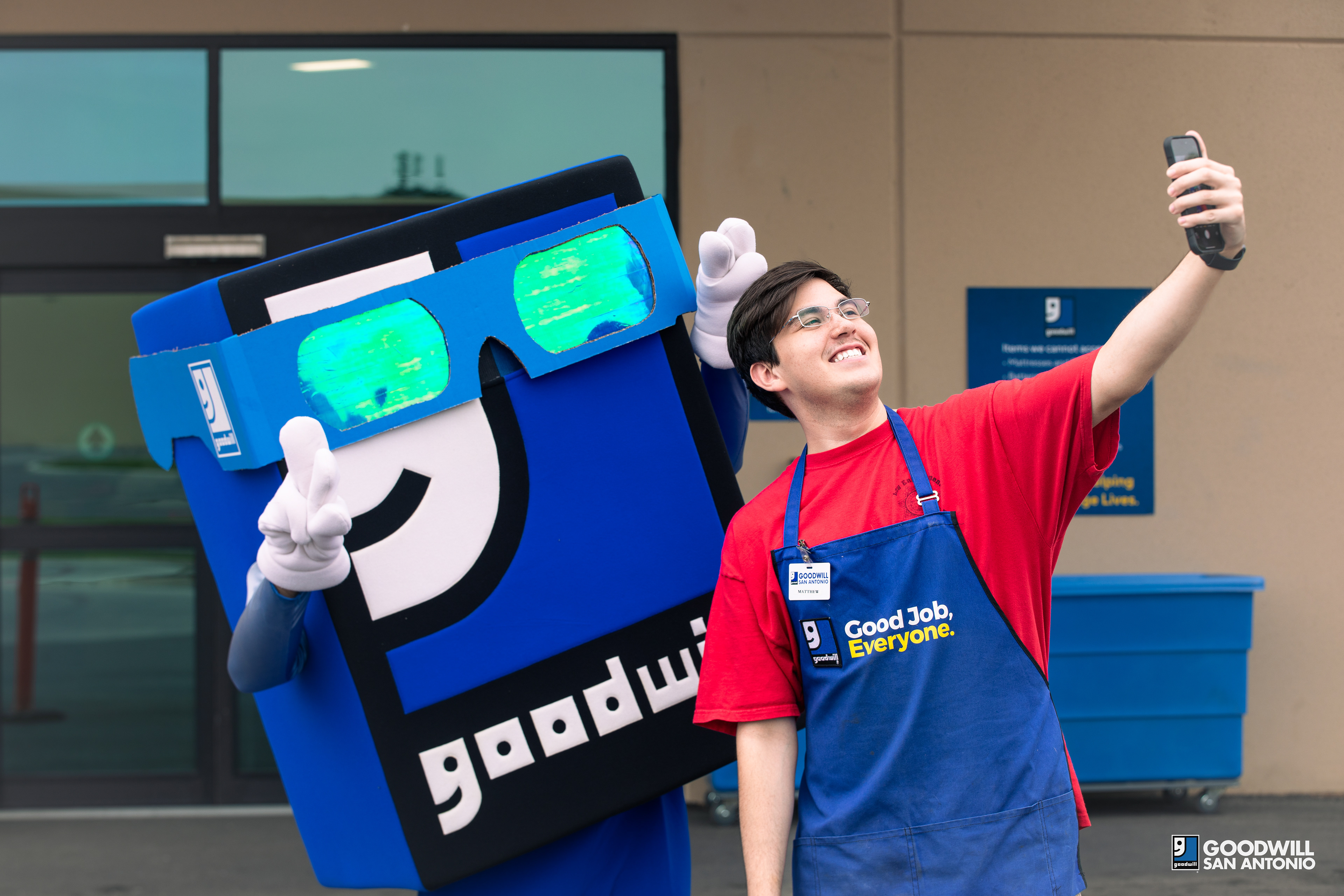 Goodwill Mascot and Team Member on Solar Eclipse Day - Photo taken by Vanessa Mallari 2024