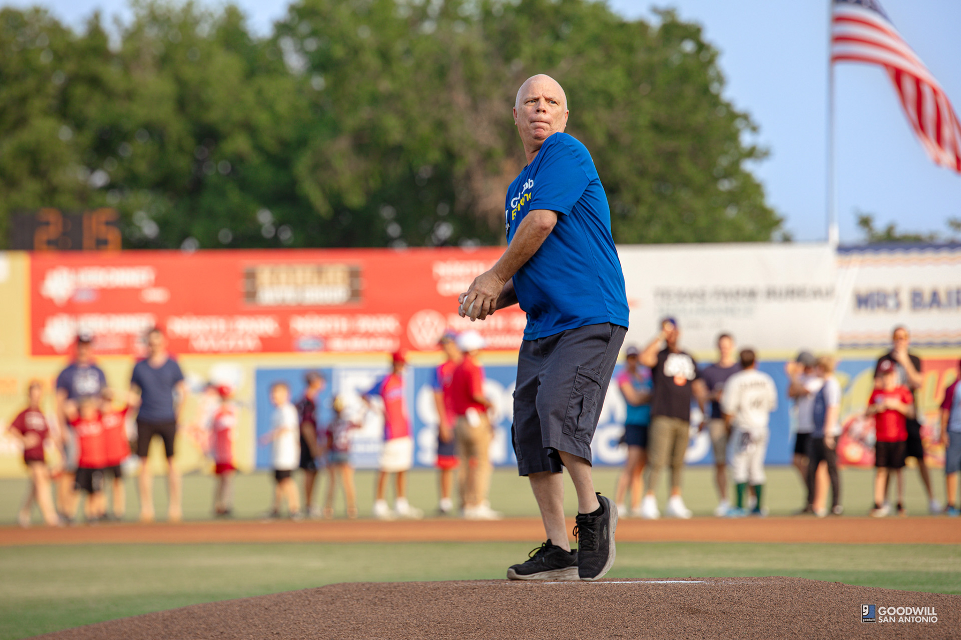 Goodwill San Antonio's longest tenured team member throwing the first pitch at SA Missions game - Photo taken by Vanessa Mallari