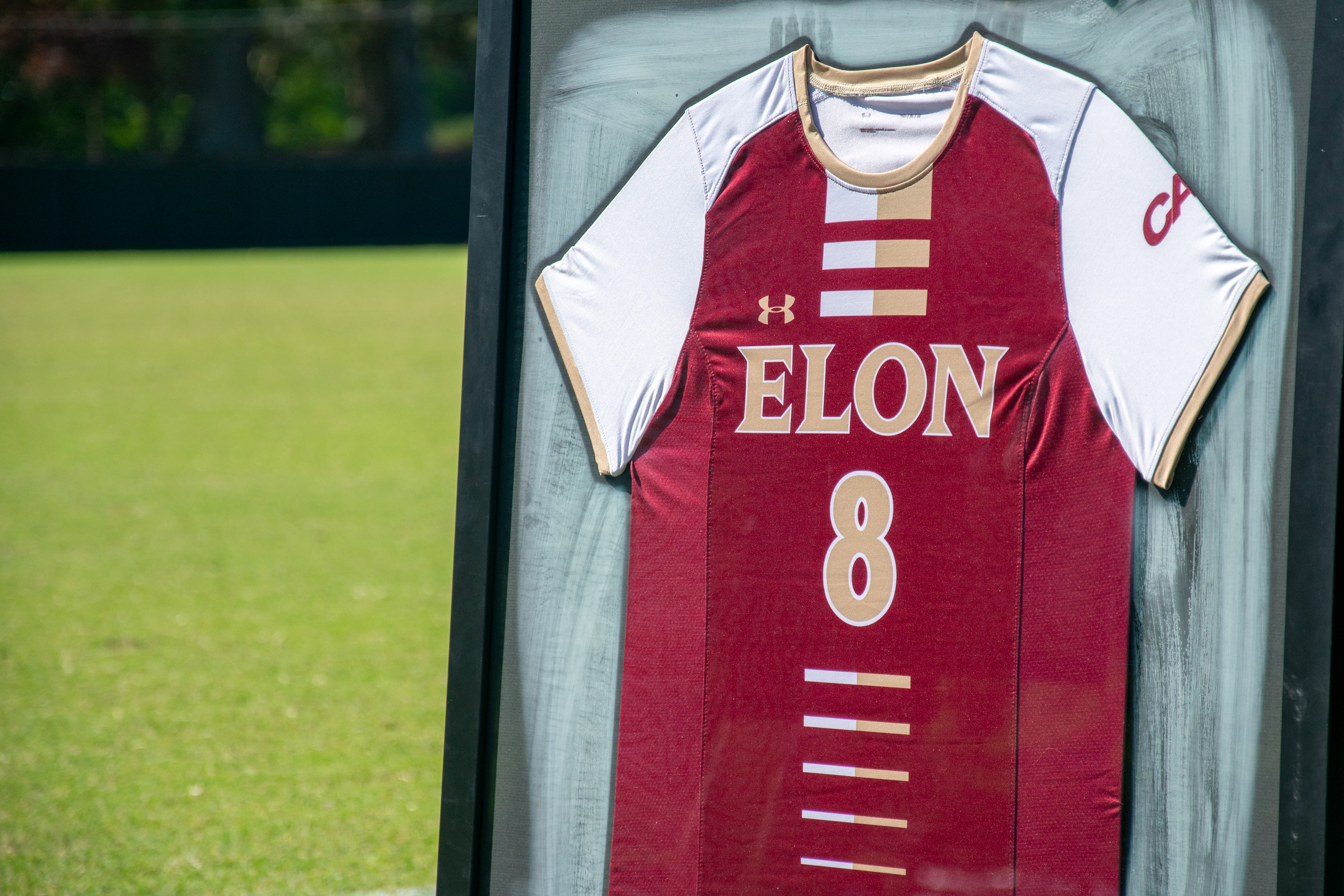 Isabelle Paradoski’s framed jersey for Elon’s Senior Day ceremony at Rudd Field on Oct. 8, 2023. Photo by Katherine Martin.