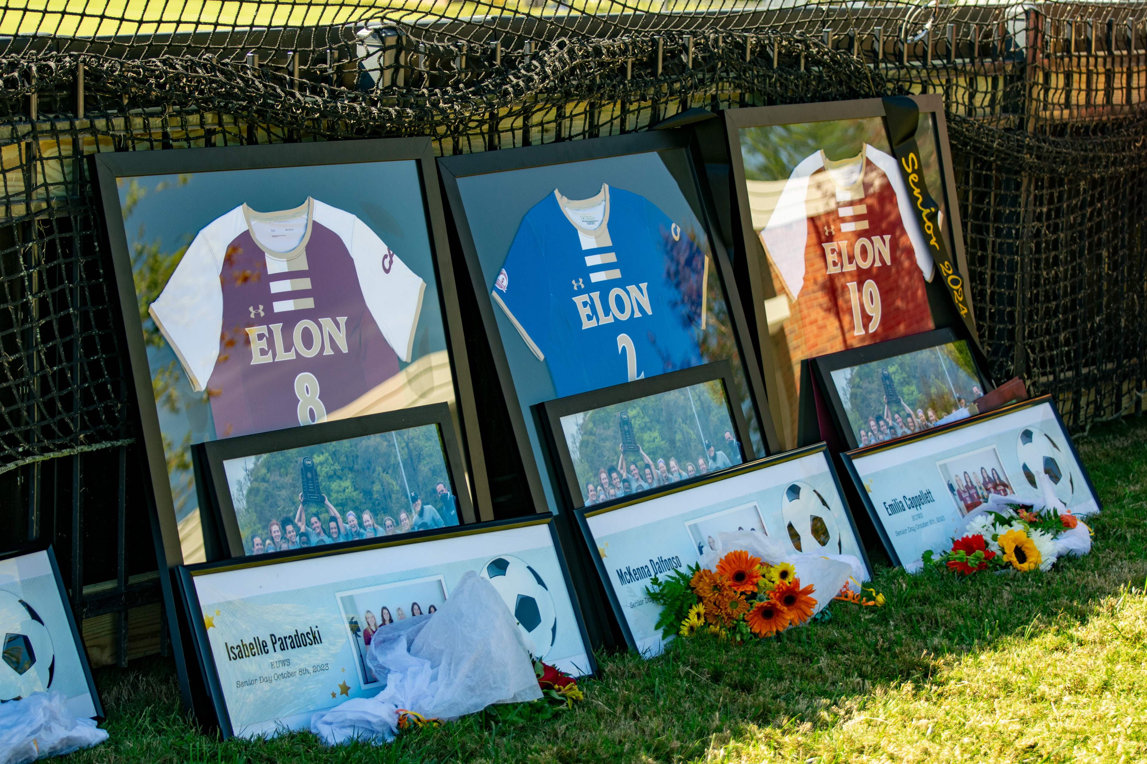 The framed jerseys for Elon’s Senior Day ceremony at Rudd Field on Oct. 8, 2023. Photo by Katherine Martin.
