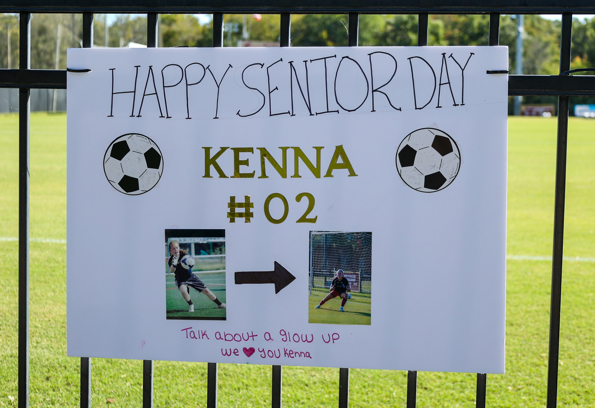 A senior poster for goalkeeper McKenna Dalfonso on display at Rudd Field on Senior Day. Photo by Jacob Kisamore.