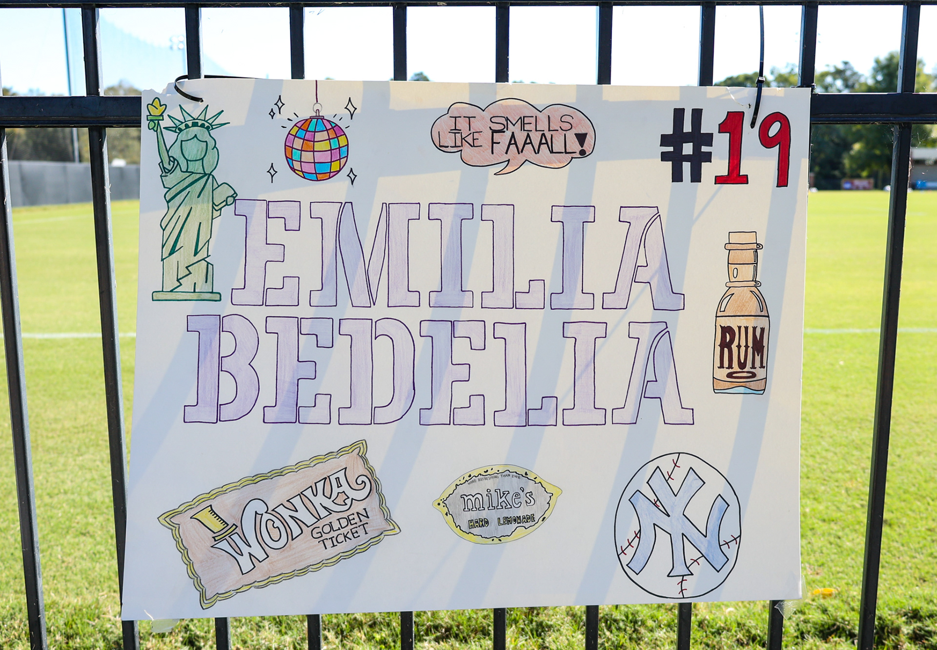A senior poster for senior defender Emilia Cappellett on display at Rudd Field for Elon’s Senior Day on Oct. 8, 2023. Photo by Jacob Kisamore.