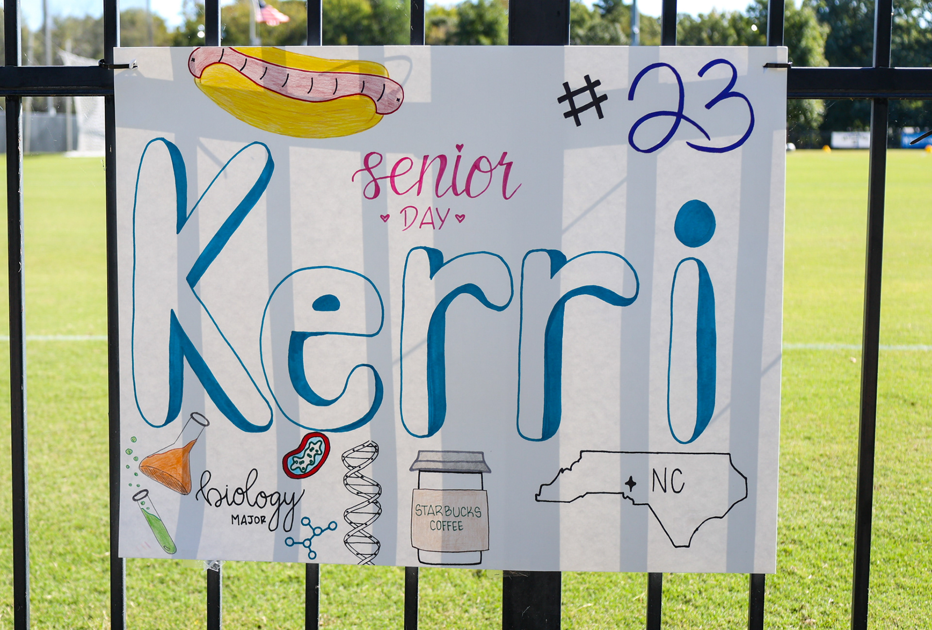 A poster for senior defender Kerri Coffman on display at Rudd Field for Senior Day on Oct. 8, 2023. Photo by Jacob Kisamore.