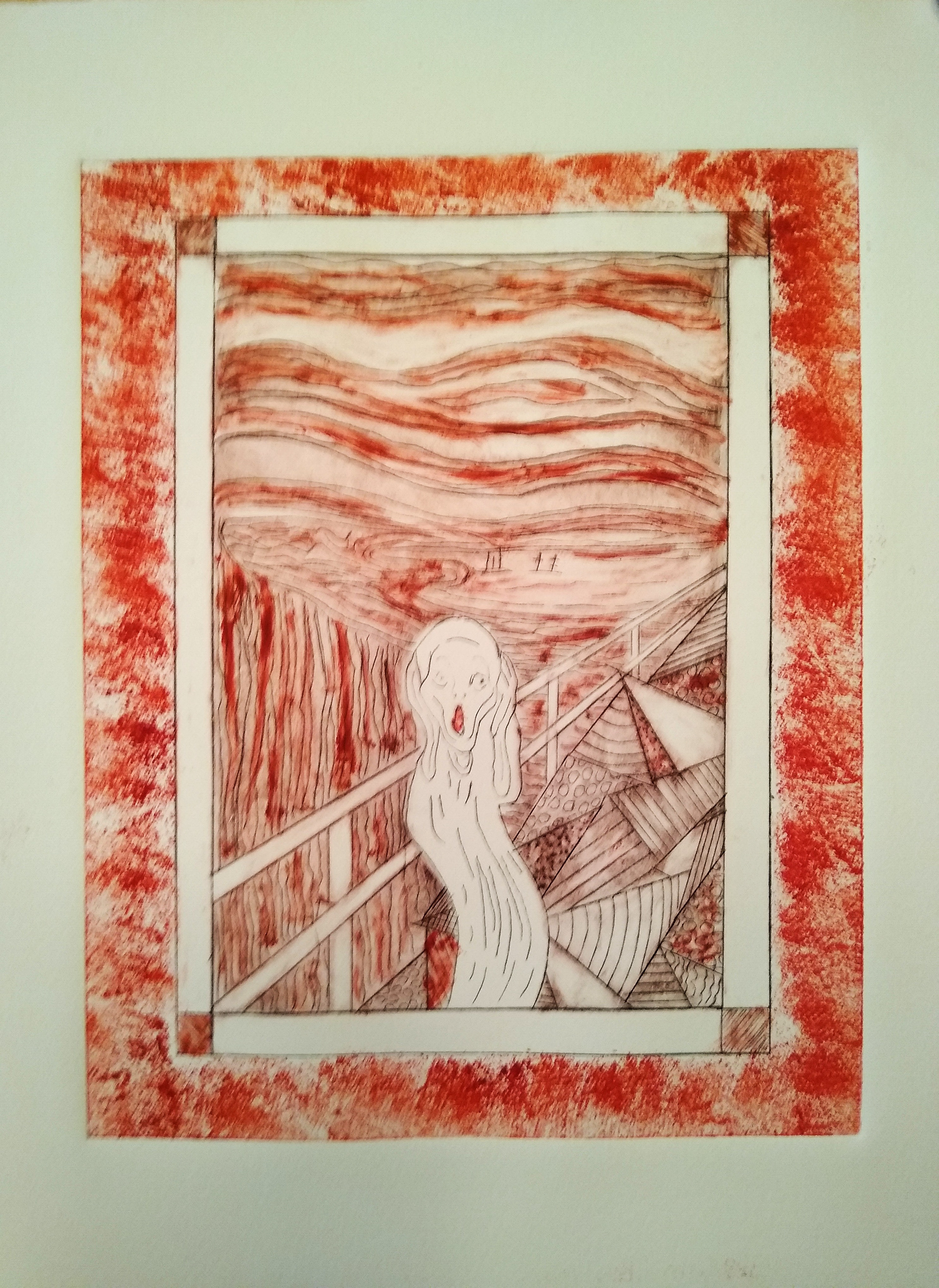 "The Scream with Totem" 12"W x 16"H, etching
