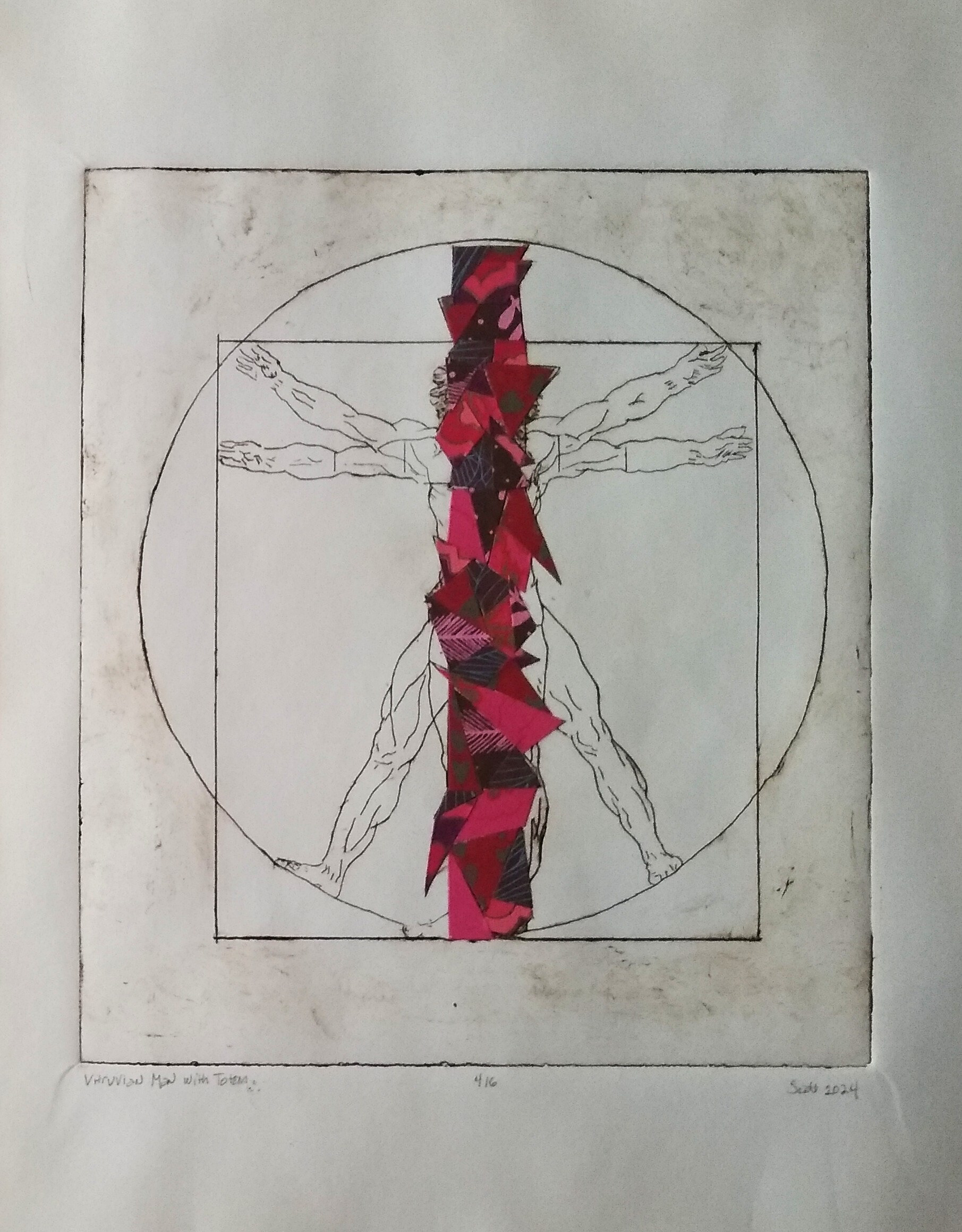 "Vitruvian Man with Totem" 12"W x 16"H, etching with collage