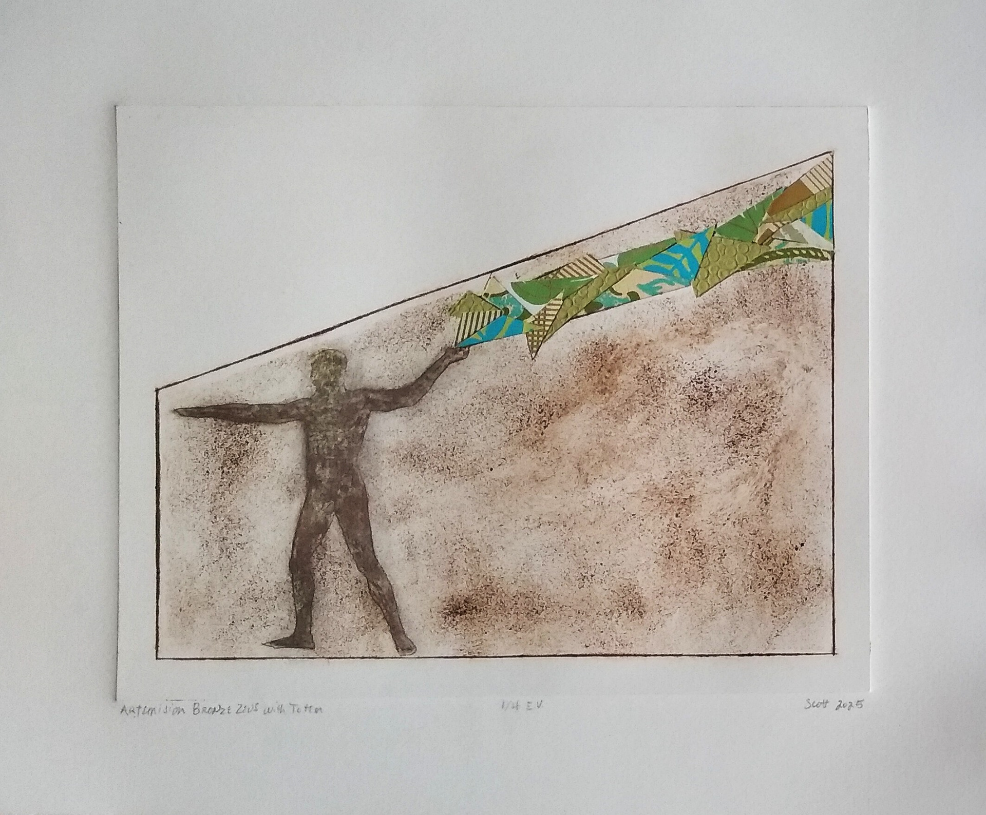 "Artemision Zeus with Totem" 16"W x 12"H, etching with collage