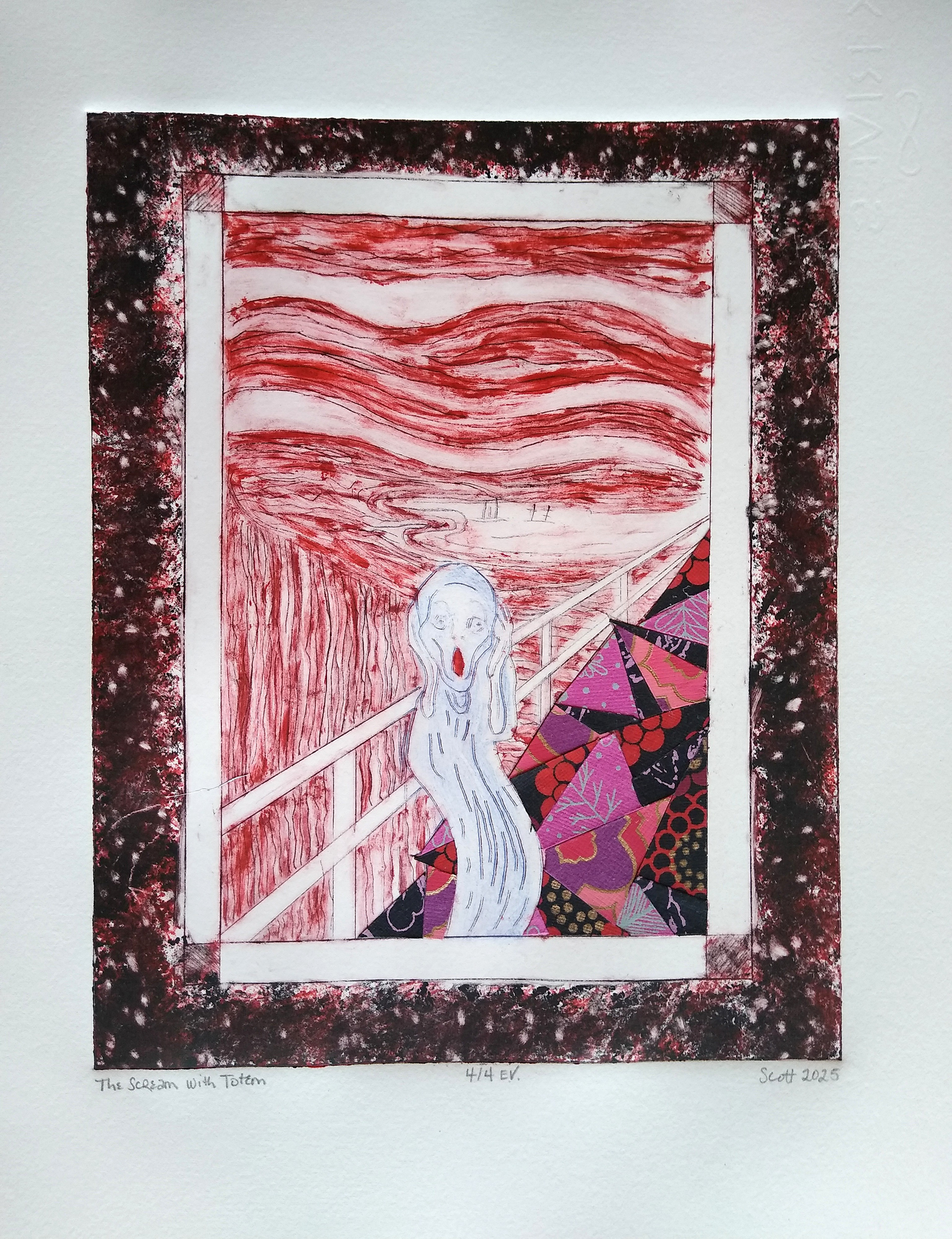 "The Scream with Totem" 12"W x 16"H, etching with collage
