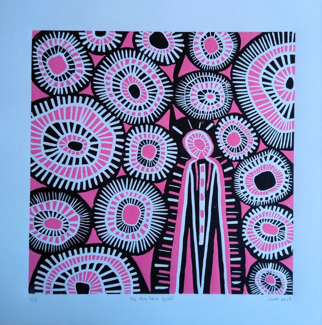 "The Gay Gene (pink)" 15"W x 15"H, linocut