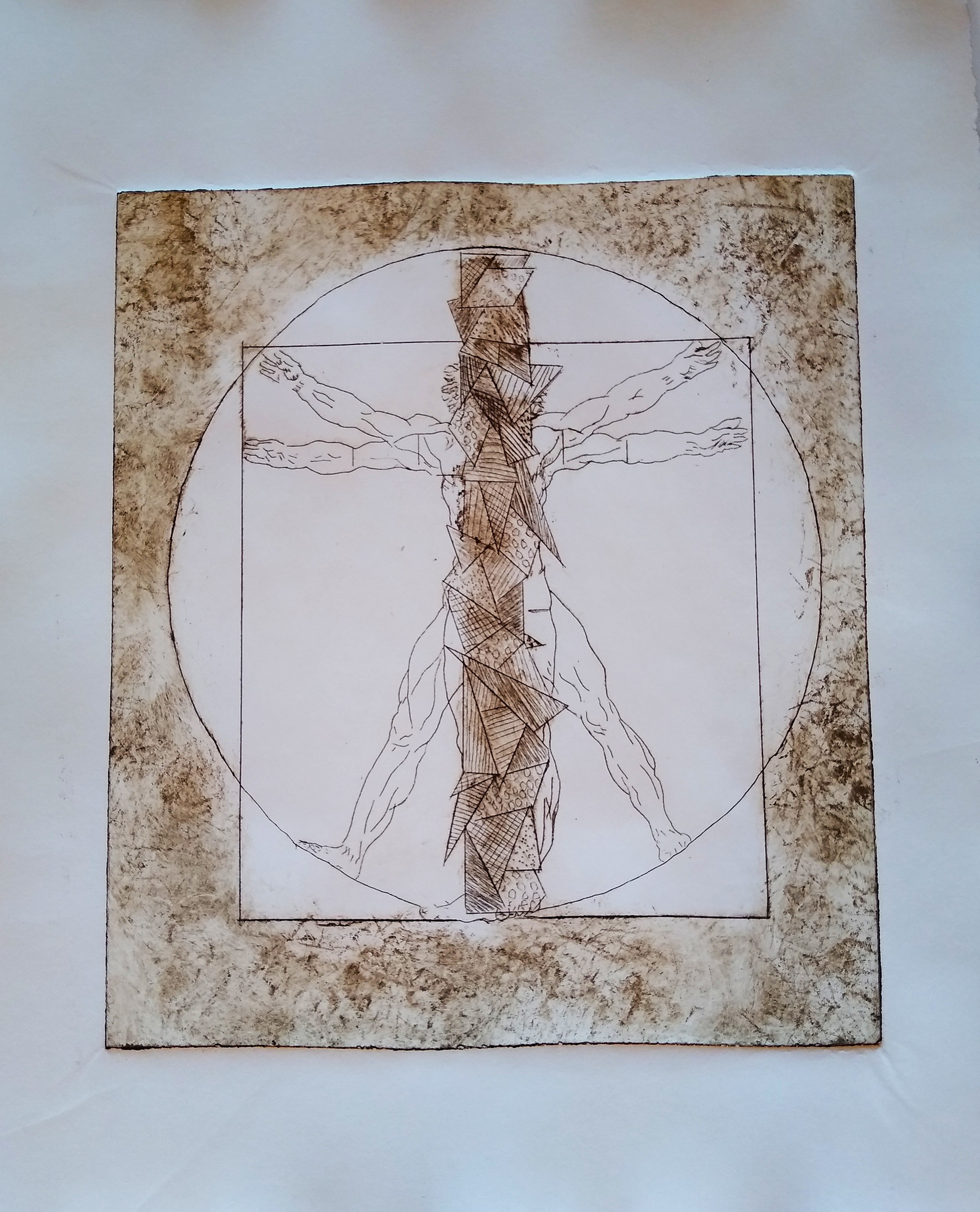 "Vitruvian Man with Totem" 12"W x 16"H, etching